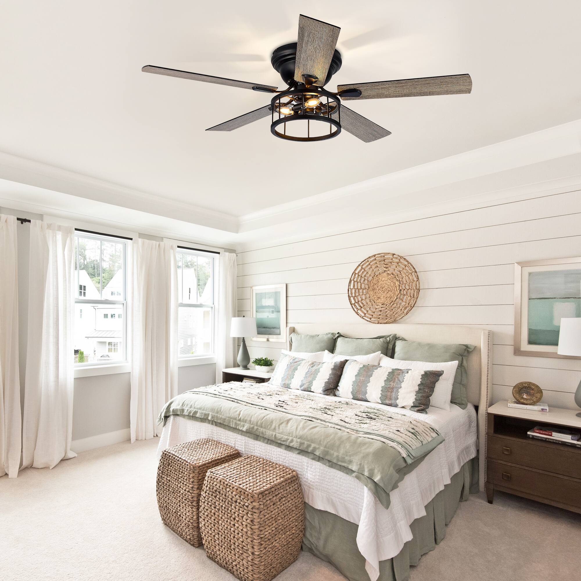 Alt View 1. Breezary - 52-In Indoor Flush Mount Ceiling Fan with Light Kit, 5 Dual-Tone Plywood Blades, Reversible Motor, Remote/Chain Control - Dual Wood Grain + Remote Control.