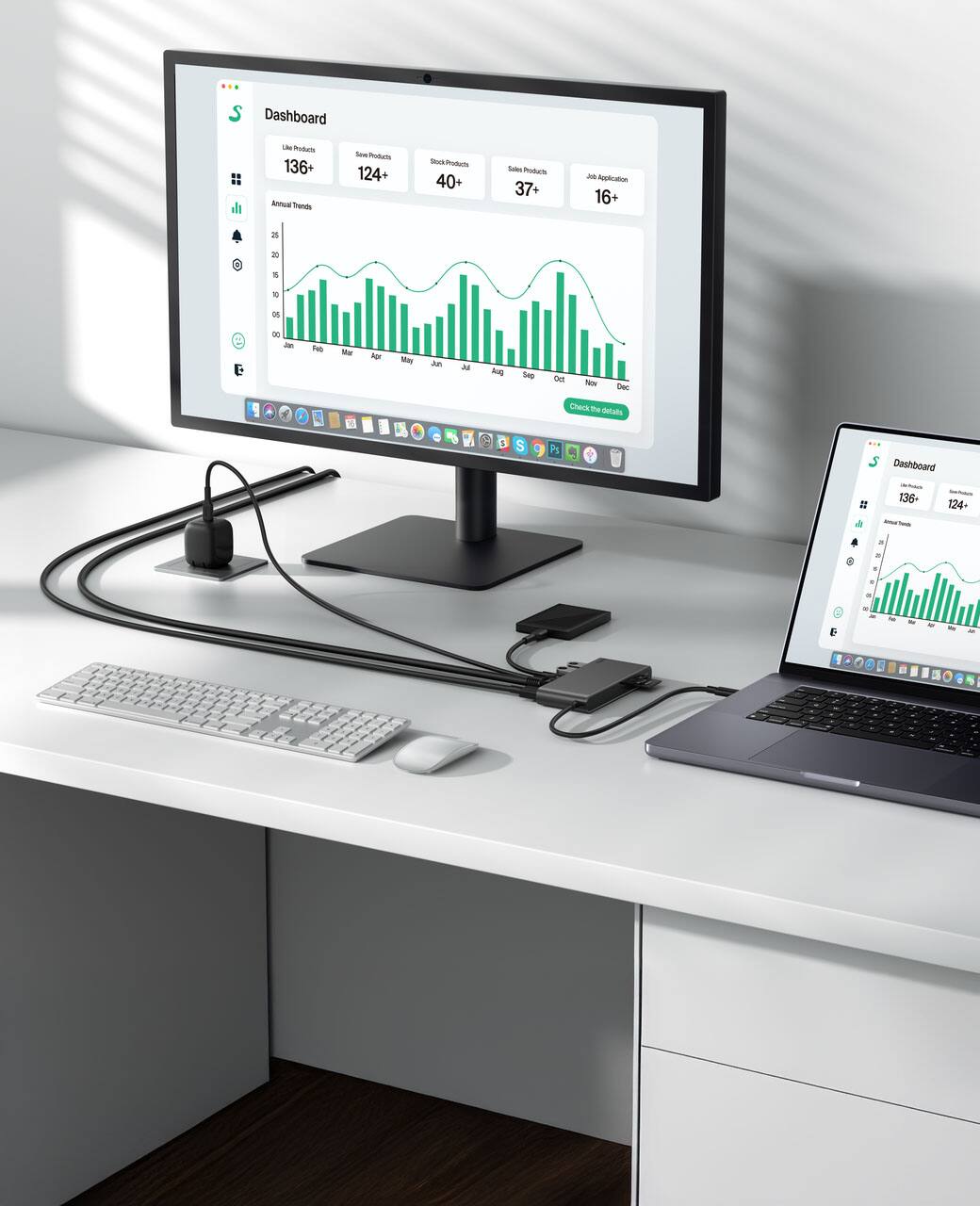 Dashboard  
- Live Products: 136+  
- Saved Products: 124+  
- Stock Products: 40+  
- Sales Products: 37+  
- Job Application: 16+  

Annual Trends  
- Jan  
- Feb  
- Mar  
- Apr  
- May  
- Jun  
- Jul  
- Aug  
- Sep  
- Oct  
- Nov  
- Dec  

Check the details