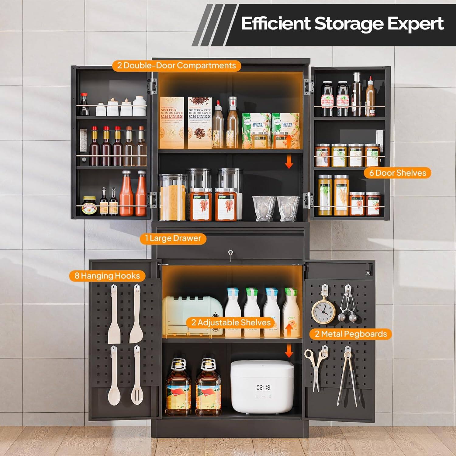 Efficient Storage Expert

- 2 Double-Door Compartments
- 6 Door Shelves
- 1 Large Drawer
- 8 Hanging Hooks
- 2 Adjustable Shelves
- 2 Metal Pegboards