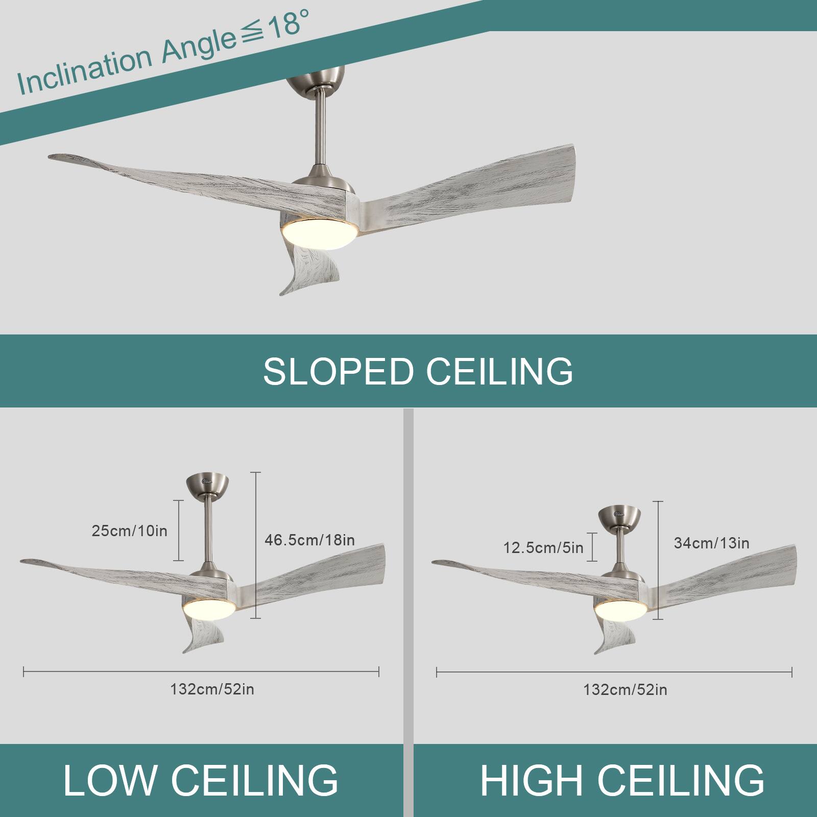 Inclination Angle ≤ 18°

SLOPED CEILING

LOW CEILING
25cm/10in
46.5cm/18in
132cm/52in

HIGH CEILING
12.5cm/5in
34cm/13in
132cm/52in