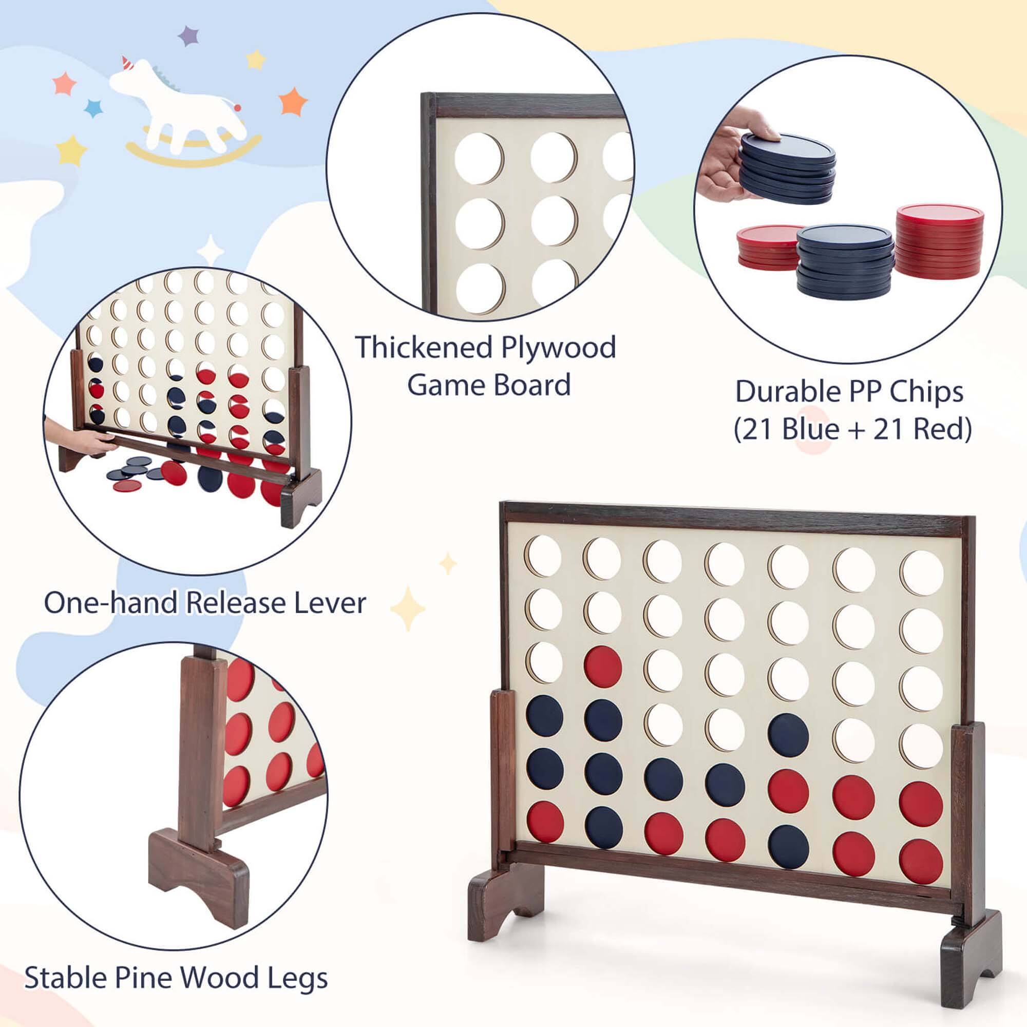 Thickened Plywood Game Board, Durable PP Chips (21 Blue + 21 Red), One-hand Release Lever, Stable Pine Wood Legs