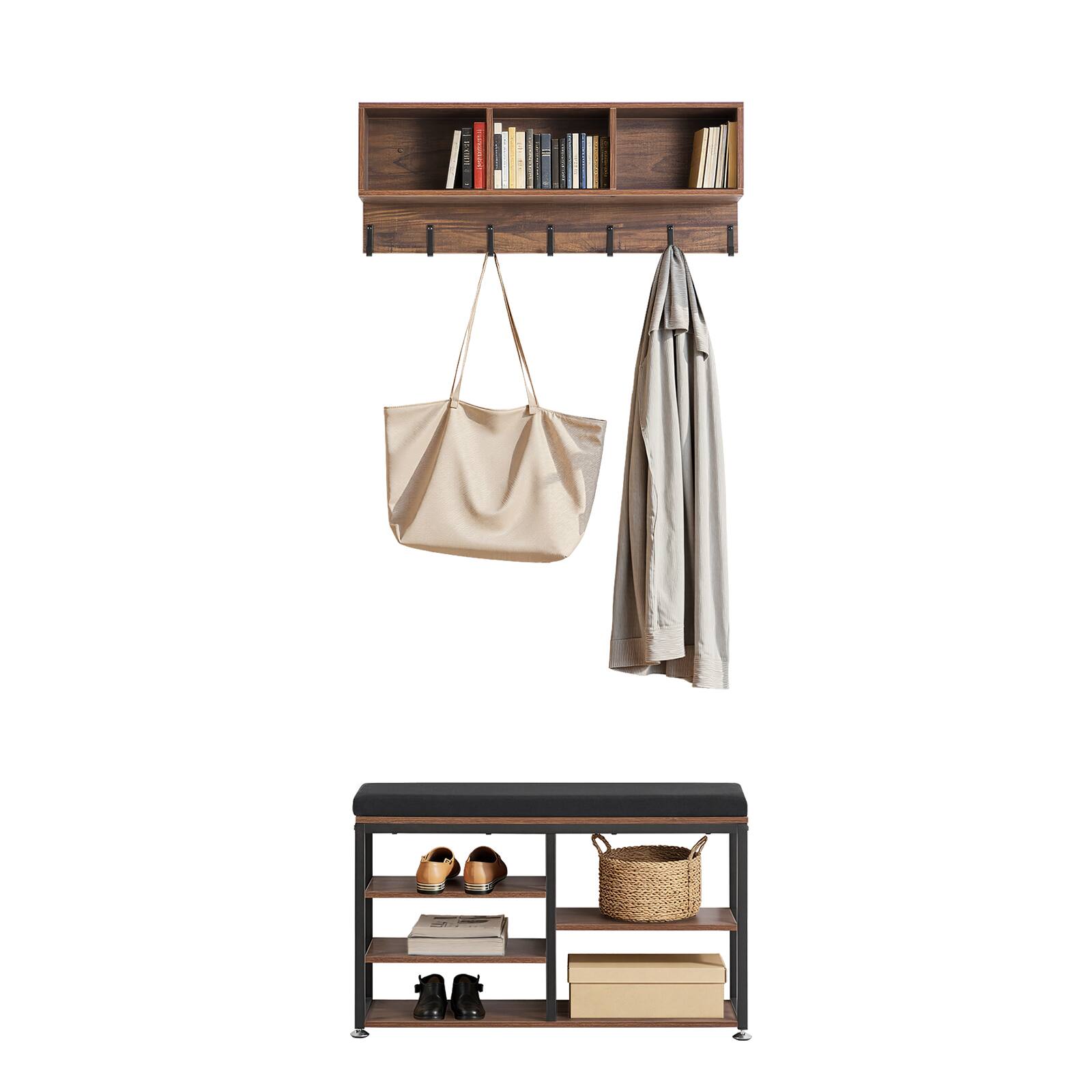 Alt View 5. VEVOR - Coat Rack with Shoe Bench, 3-in-1 Shoe Coat Rack Combo Set with Hooks and Bookshelf, Steel Frame Hall Tree Entrance - Brown.
