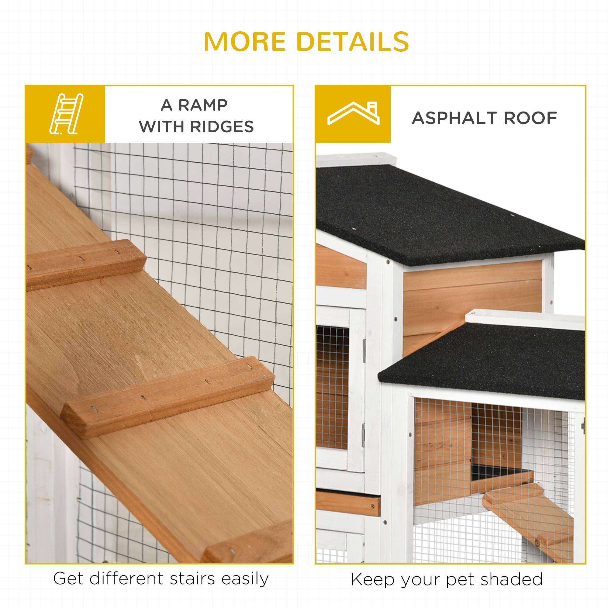 MORE DETAILS

A RAMP WITH RIDGES  
Get different stairs easily

ASPHALT ROOF  
Keep your pet shaded