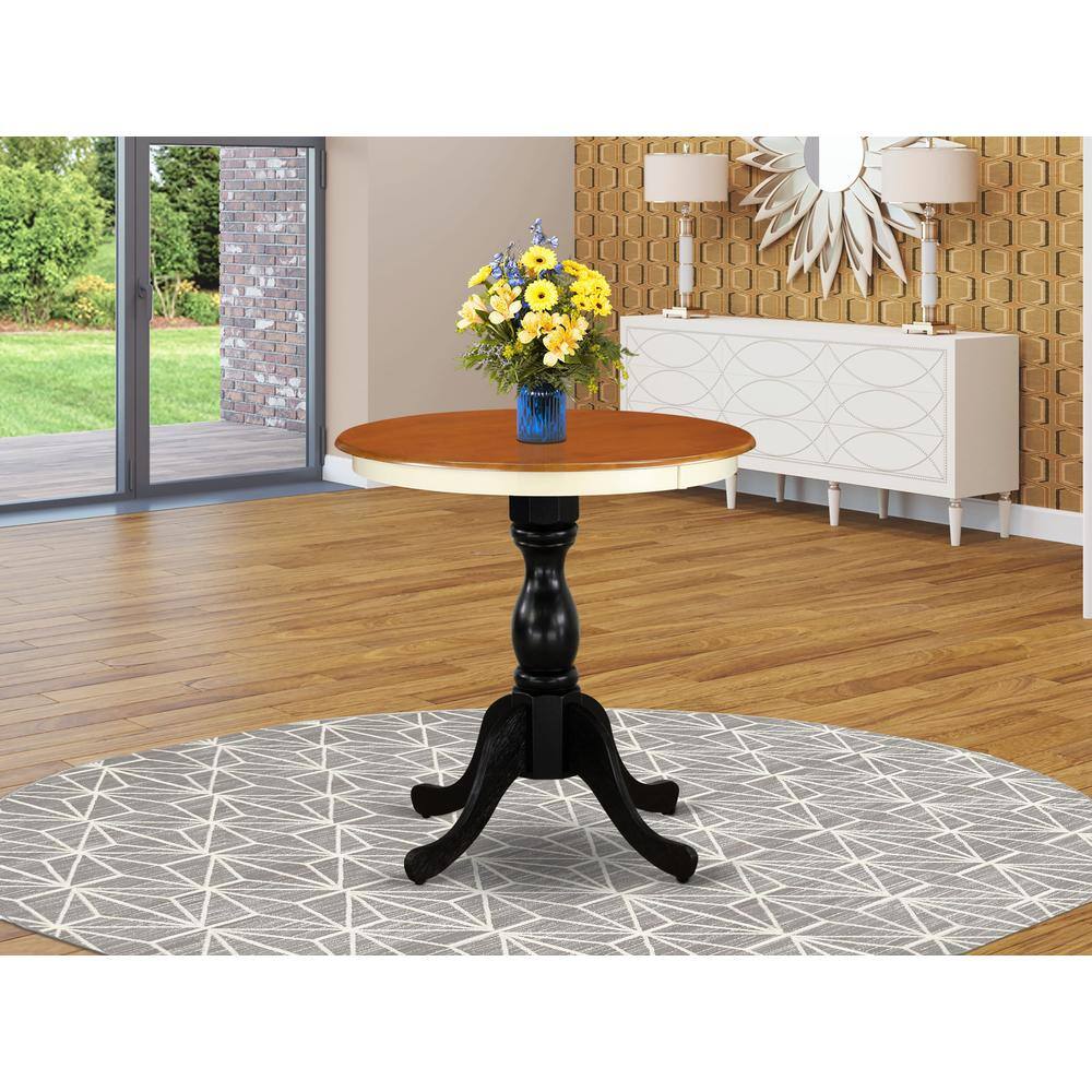 Angle. East West Furniture - East West Furniture Eden 30" Round Kitchen Table for Small Space - Buttermilk Top & Black Pedestal - Multi-Color.