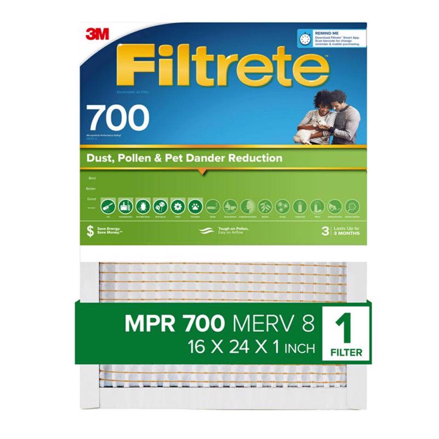 3M REMIND ME Dood Apo Filtrete 700 Dust, Pollen & Pet Dander Reduction Best Better Goood Lawe Eneray $ Save Maney" Tough - Pellem Lase Lasts Up to 3 MONTHS MPR 700 MERV 8 16 X 24 X 1 INCH FILTER
