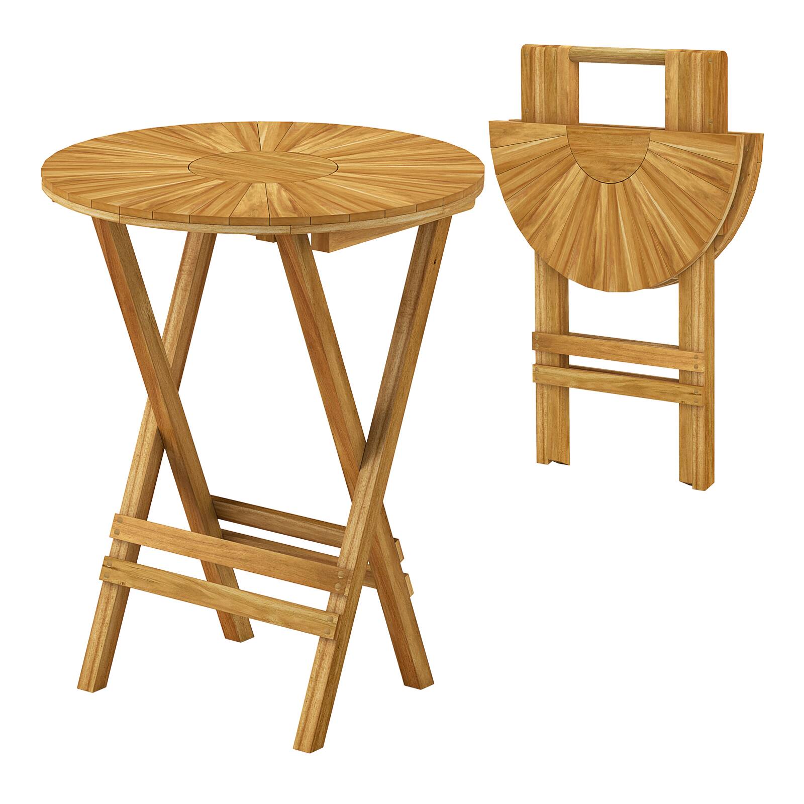 Front. Sugift - Patio Folding Side Table Teak Wood Round End Table with Slatted Tabletop and X-Shaped Frame - Natural.