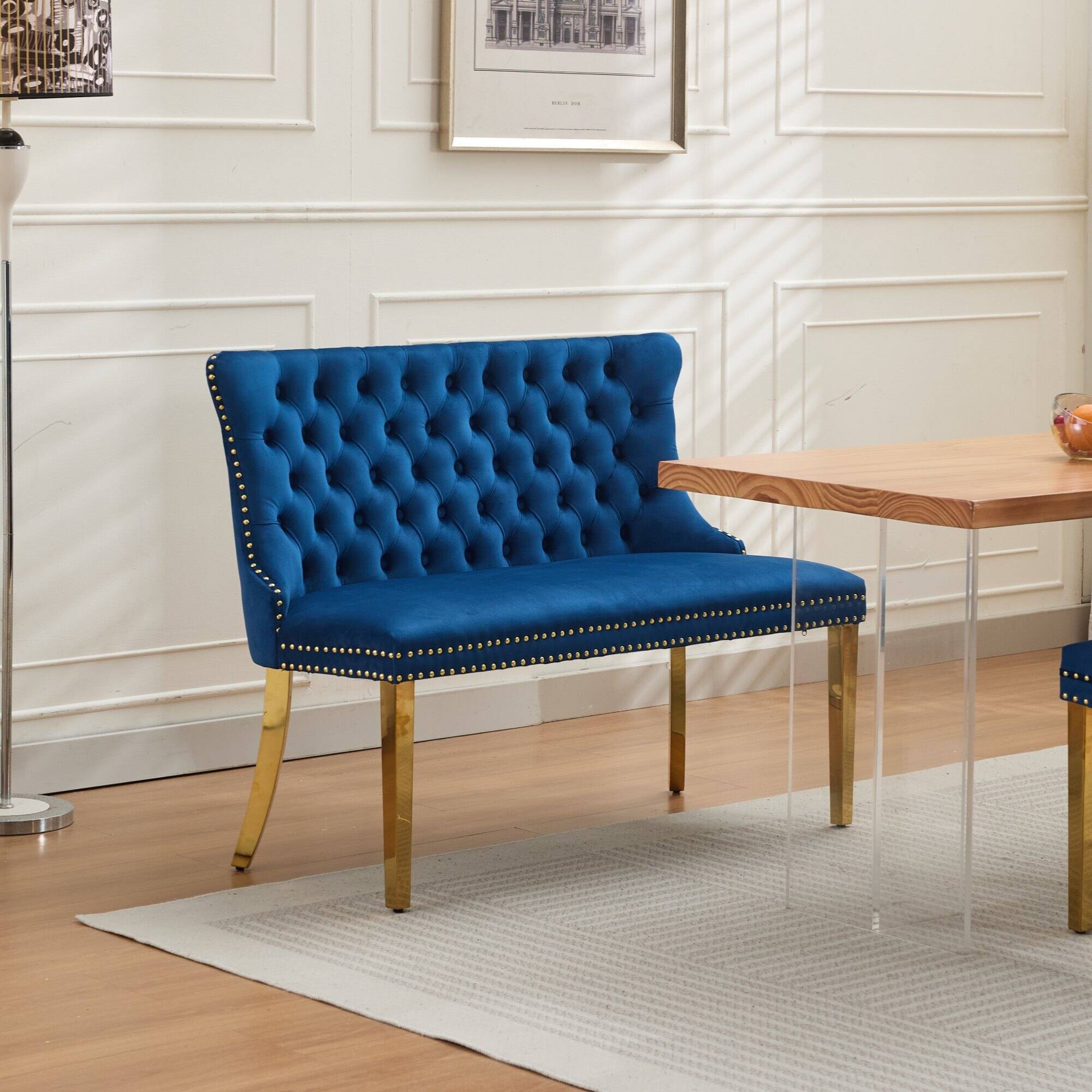 Angle. GOODSILO - Velvet Tufted Double Seater Dining Bench with Gold Accent Legs for Kitchen and Dining Room Seating - Blue.