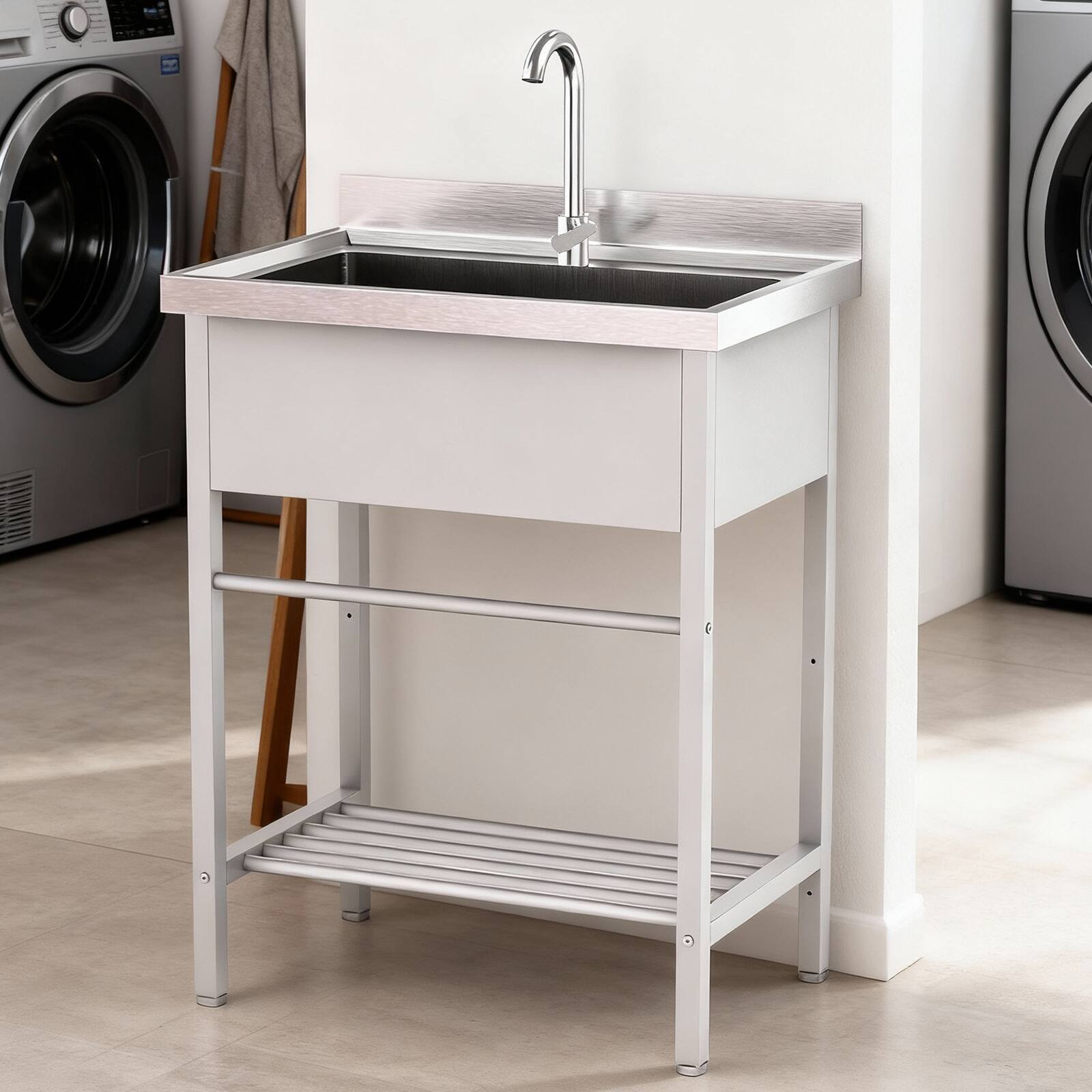 Alt View 3. Winado - 26.5"L x 17.3"W x 39"H Heavy Duty Stainless Steel Utility Sink with Single Bowl and Storage Shelf for Commercial Kitchen - White.