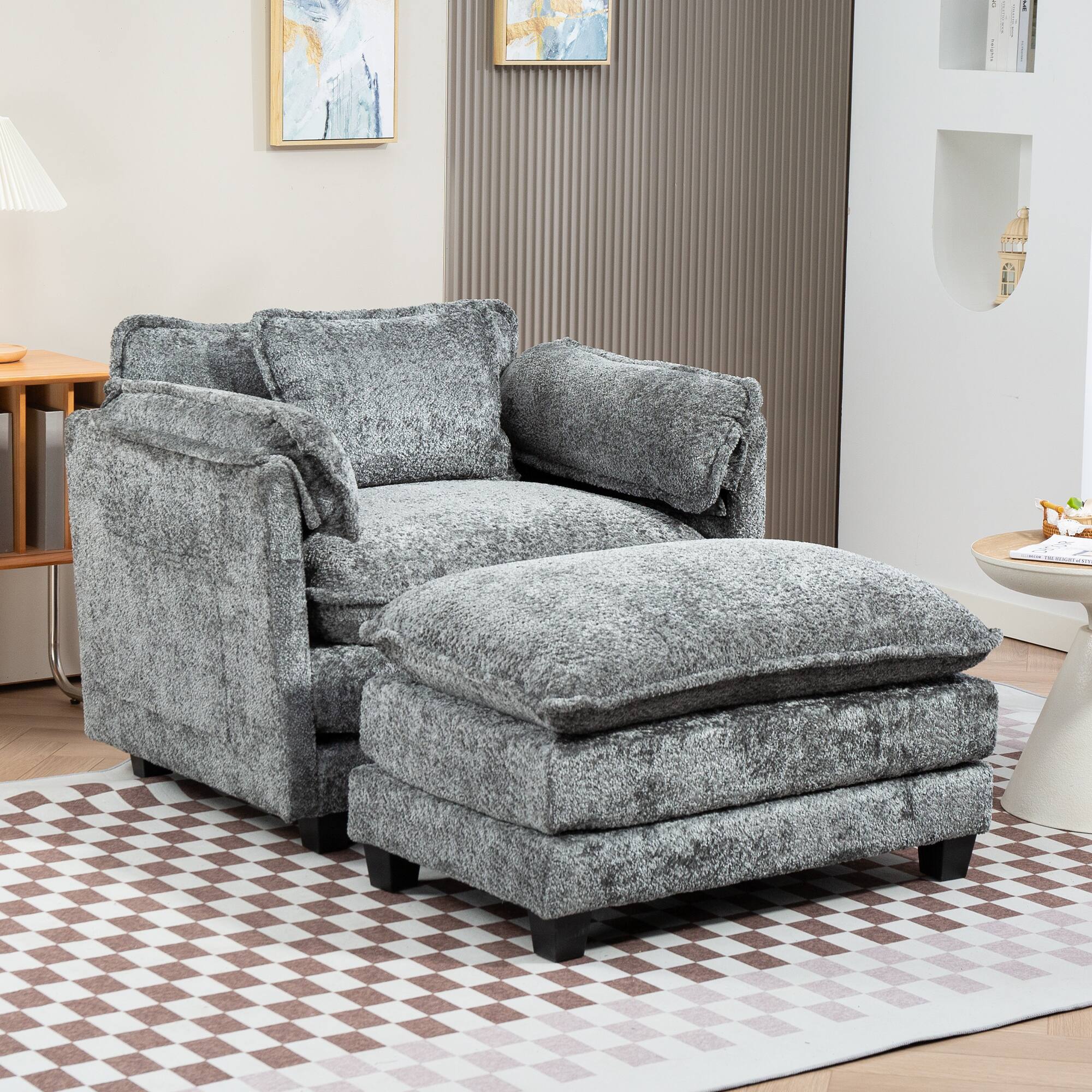 Angle. LUCKY ONE - 55"x39" Oversized Boucle Single Sofa Bed with Wider seat - Dark Grey.