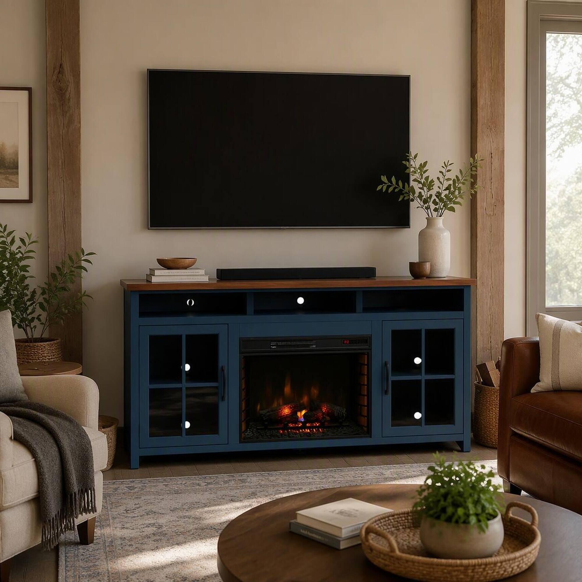 Left. RYHNUYNE - 74 Inch Nantucket Farmhouse Fireplace TV Stand, Fits Up To 85 Inch TVs For Classic Living Room Media Storage - Blue.