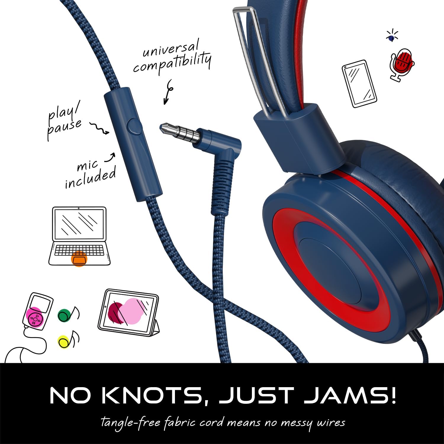 - Universal compatibility
- Play/pause
- Mic included
- No knots, just jams!
- Tangle-free fabric cord means no messy wires