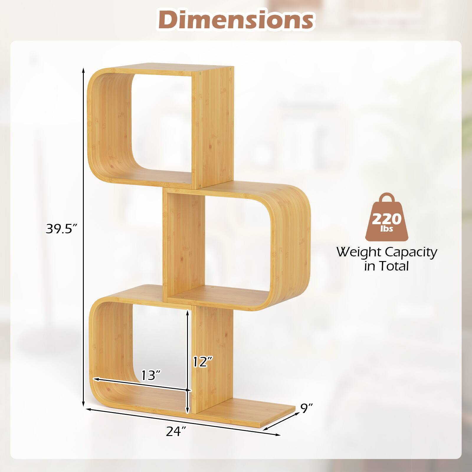 The text on the image reads: "Dimensions: 39.5" x 12" x 9" x 24". Weight Capacity in Total: 220 lbs."