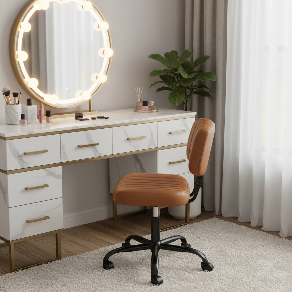 Alt View 4. AOITUN - Small Armless Home Desk Chair with Low Back Lumbar Support, 360° Swivel Wheels, for Small Space, Kids and Adults, Brown - Brown.