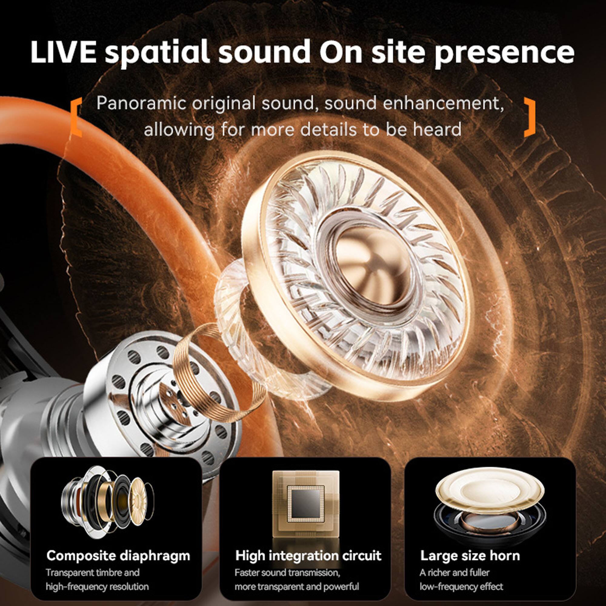 LIVE spatial sound  
On site presence  

Panoramic original sound, sound enhancement, allowing for more details to be heard  

Composite diaphragm  
Transparent timbre and high-frequency resolution  

High integration circuit  
Faster sound transmission, more transparent and powerful  

Large size horn  
A richer and fuller low-frequency effect