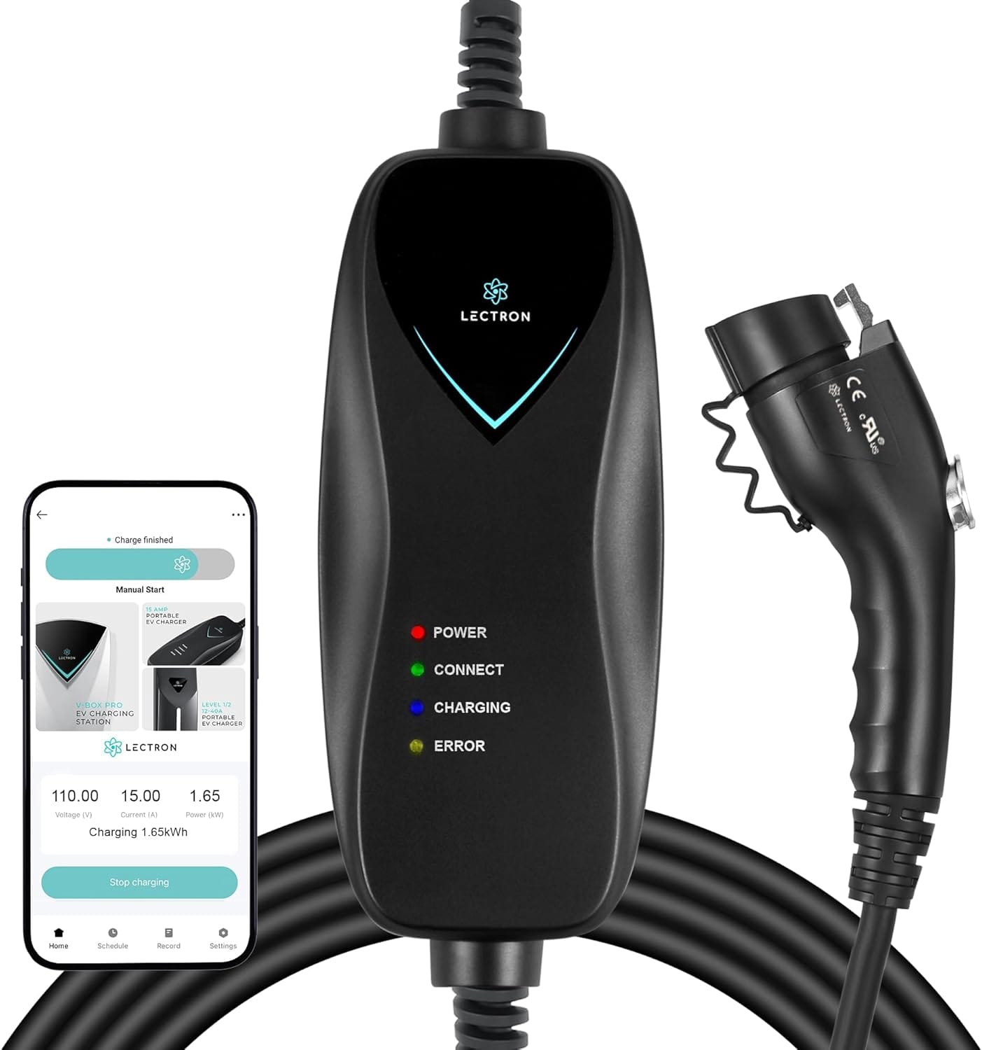 LECTRON
CE LETRON
Jin - Charge finished
Manual Start
FORTABL V
Conbirs
POWER CONNECT
2000 PRO
N
EHARGING STATION
C
-
POOTELI
Conbrod
CHARGING
LECTRON
ERROR
110.00
15.00
1.65
Voltage y Current
N Por W
Charging 1.65kWh
Stop charging
Iuma Sechedule
Recond Seltings
Phone sold separately.