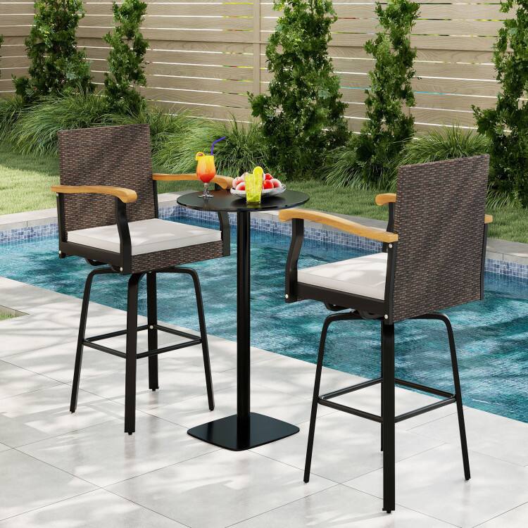 Left. Mondawe - Outdoor 360° Swivel Bar Stool with Cushion and Acacia Wood Armrests - Brown.