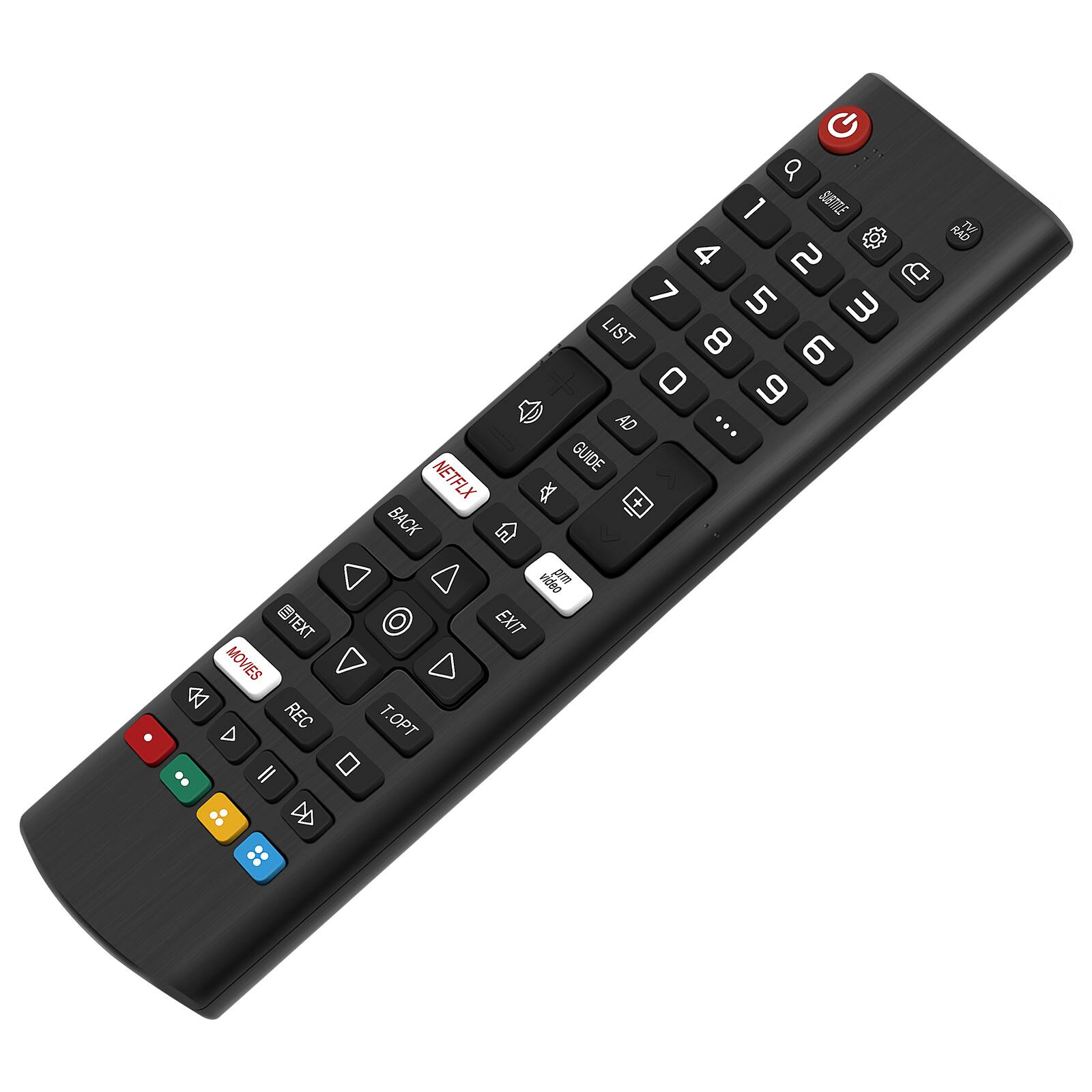 Sure, here is the corrected and grouped text from the image:

**Top Row:**
- Netflix
- Guide
- Exit

**Middle Row:**
- Movies
- Rec
- Top

**Bottom Row:**
- Text
- Exit

**Number Pad:**
- 1 2 3
- 4 5 6
- 7 8 9
- 0

**Additional Buttons:**
- List
- Ad
- Guide
- Back
- Power
- Mute
- Info

**Directional Pad:**
- Up
- Down
- Left
- Right

**Other:**
- Red, Green, Yellow, Blue buttons (likely for channel or function selection)