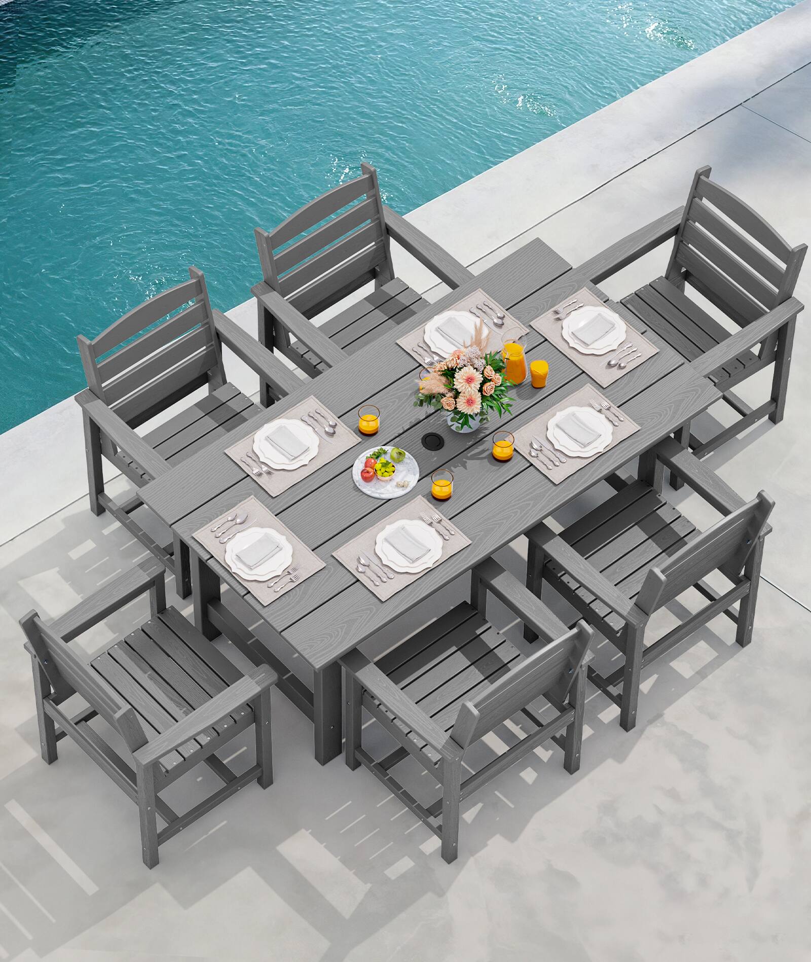 Alt View 7. SERWALL - 7 Pcs Outdoor Dining Set, Outdoor Dining Furniture with Rectangular Table & 6 Chairs, All-Weather Resistant Dining Set - Gray.