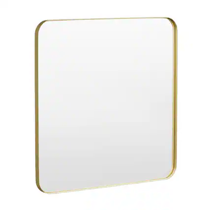 Angle. LOVMOR - Tempered Glass Rounded Rectangle Framed Wall-Mounted Bathroom Vanity Mirror - 36" x 36" - Gold.