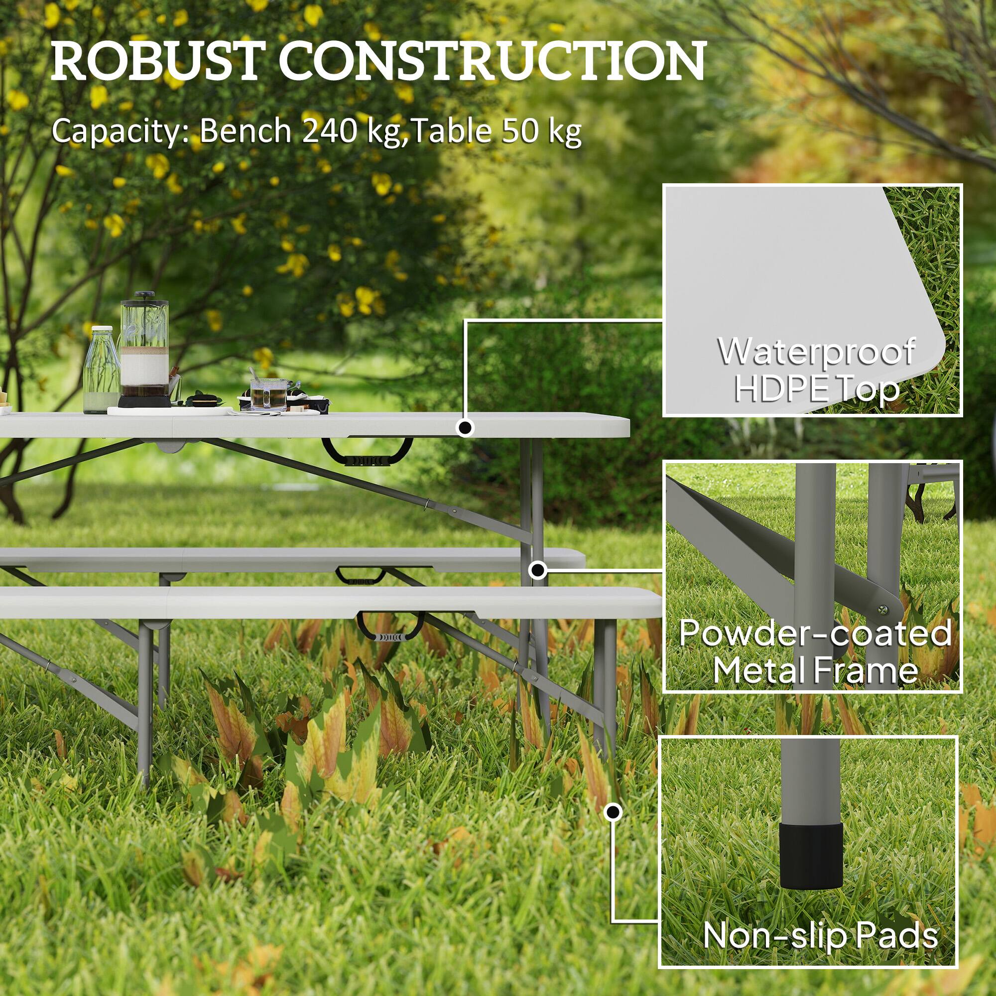 ROBUST CONSTRUCTION
Capacity: Bench 240 kg, Table 50 kg
Waterproof HDPE Top
Powder-coated Metal Frame
Non-slip Pads