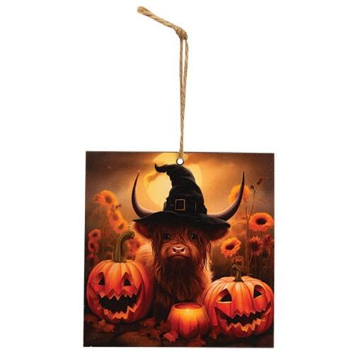 Front. BreeBe - Witchy Highland & Jacks 4" Sq. Ornament - Black, Orange.