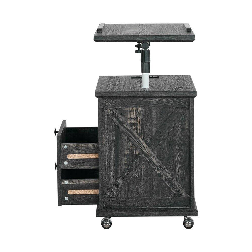 Alt View 4. Kadyn - Kadyn Lift Top Desk Cart, Mobile Rolling Table, Wood Storage Cabinet with Drawers, Height Utility Cart, Dark Wood Grain - Gray.