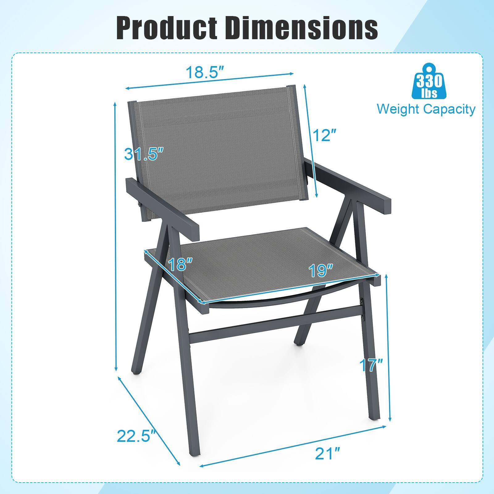Product Dimensions

- Length: 31.5"
- Width: 18.5"
- Height: 12"
- Seat Height: 18"
- Seat Depth: 19"
- Armrest Height: 22.5"
- Leg Width: 21"
- Leg Height: 17"

Weight Capacity: 330 lbs