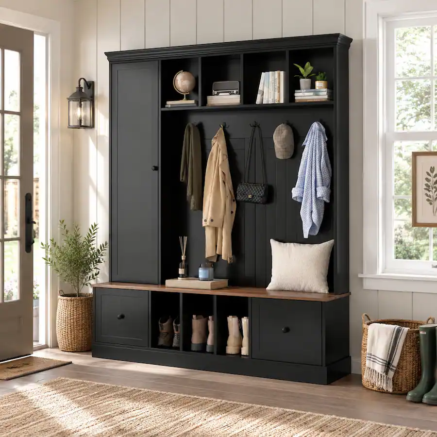 Shoe Rack Winning RYHNUYNE VIBE HAUS 62.2 in Farmhouse Hall Tree, Coat Rack and Shoe ...