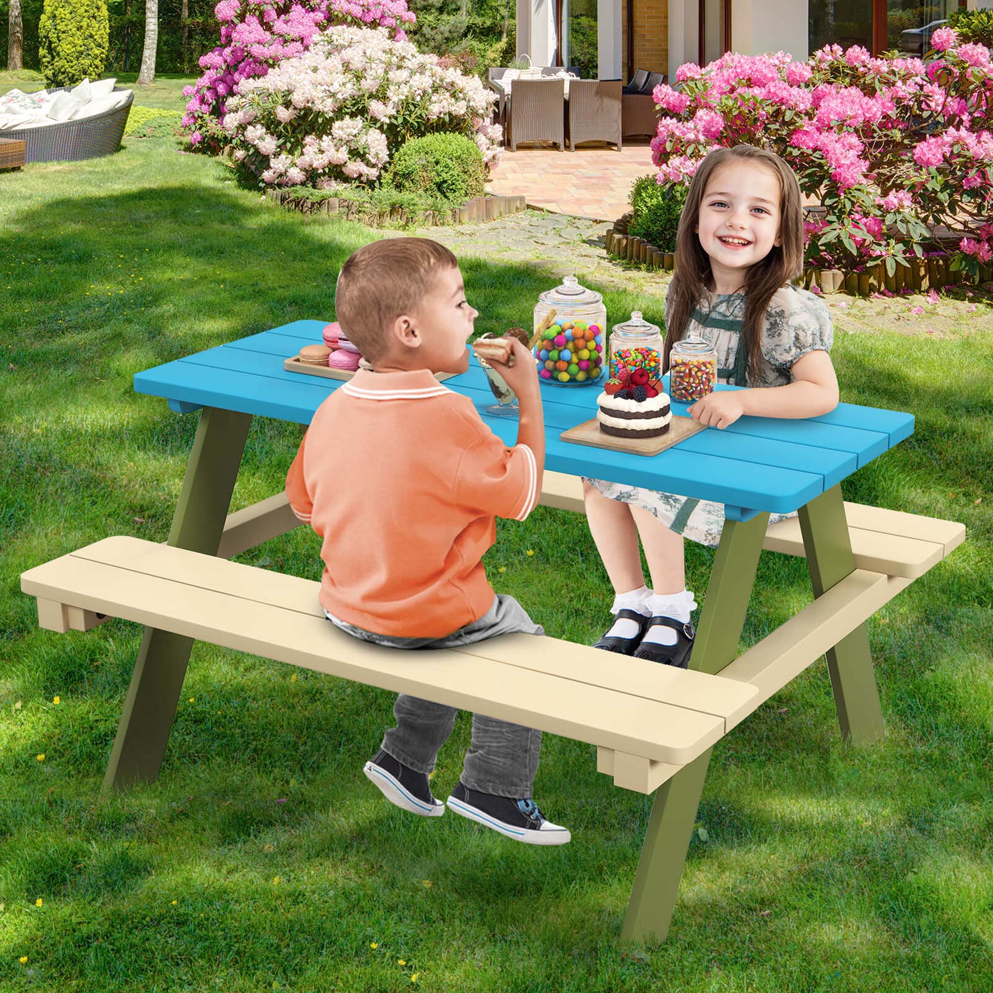 Angle. Costway - Kids Wooden Picnic Table Set Solid Dining Table with Built-in Benches for Patio - Blue + Green + Beige.