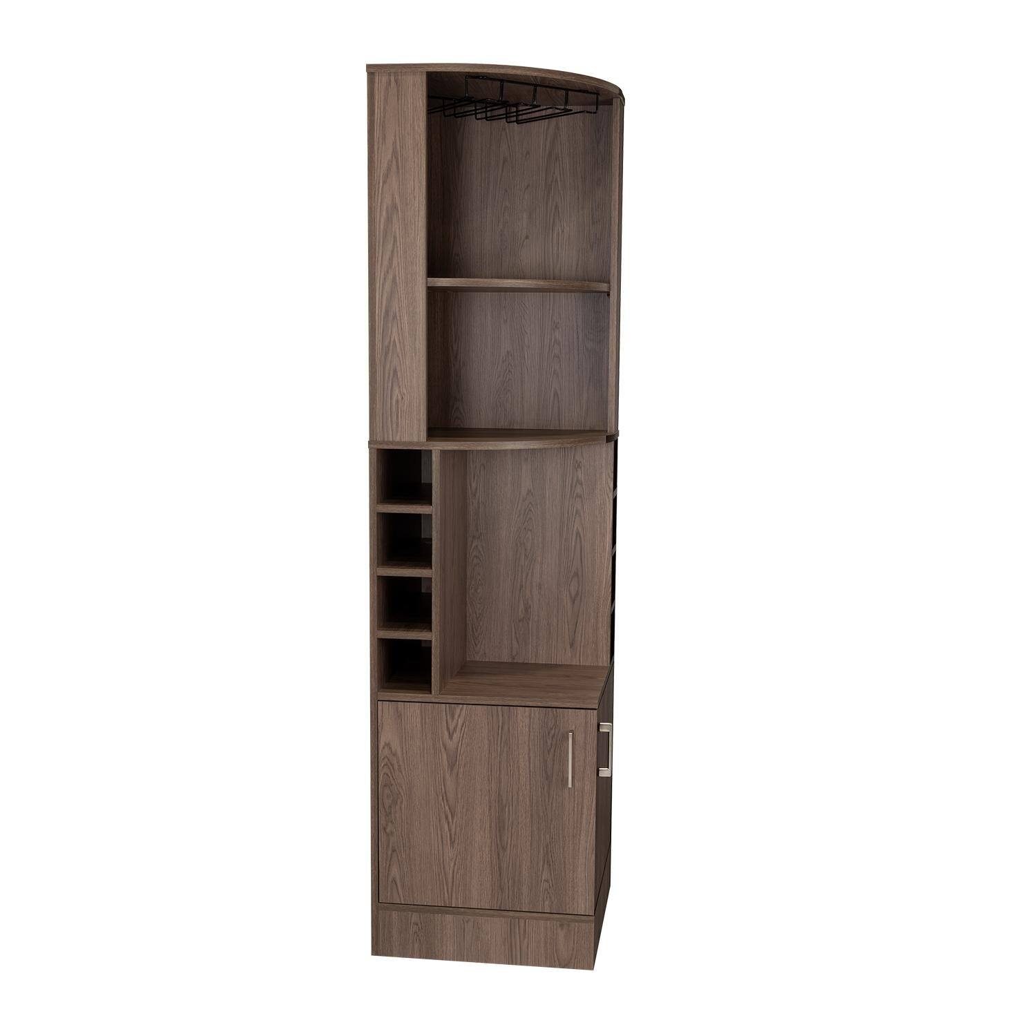 Back. TuHome - Syrah Corner Bar Cabinet, Eight Bottle Cubbies, Double Door, Two Open Shelves, Bar Room or Living Room - Dark Walnut.