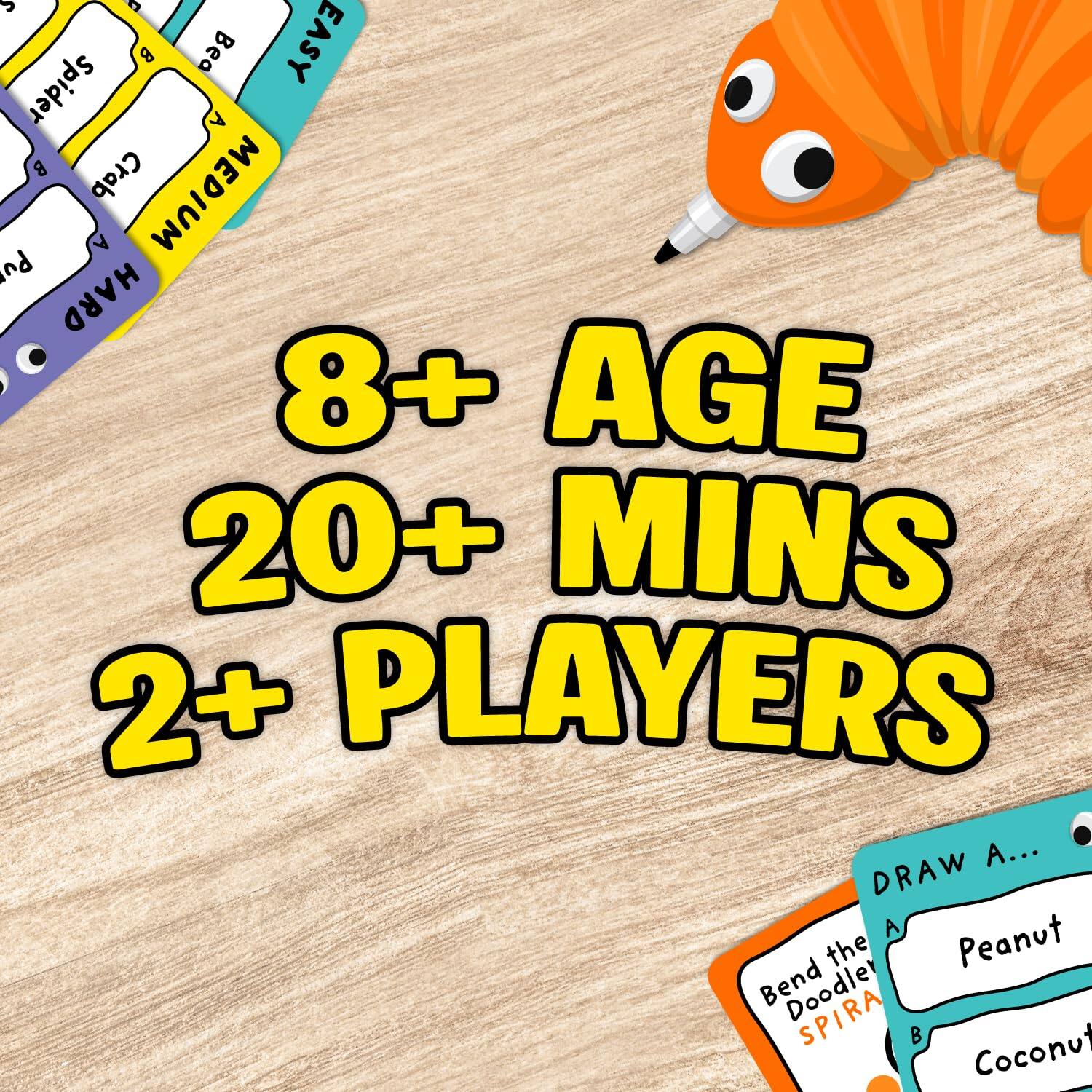 Sure, here is the corrected and grouped text from the image:

---

**8+ AGE**  
**20+ MINS**  
**2+ PLAYERS**

---

**DRAW A...**  
**Peanut**  
**Coconut**

---

**Bend the Doodler SPIRA**