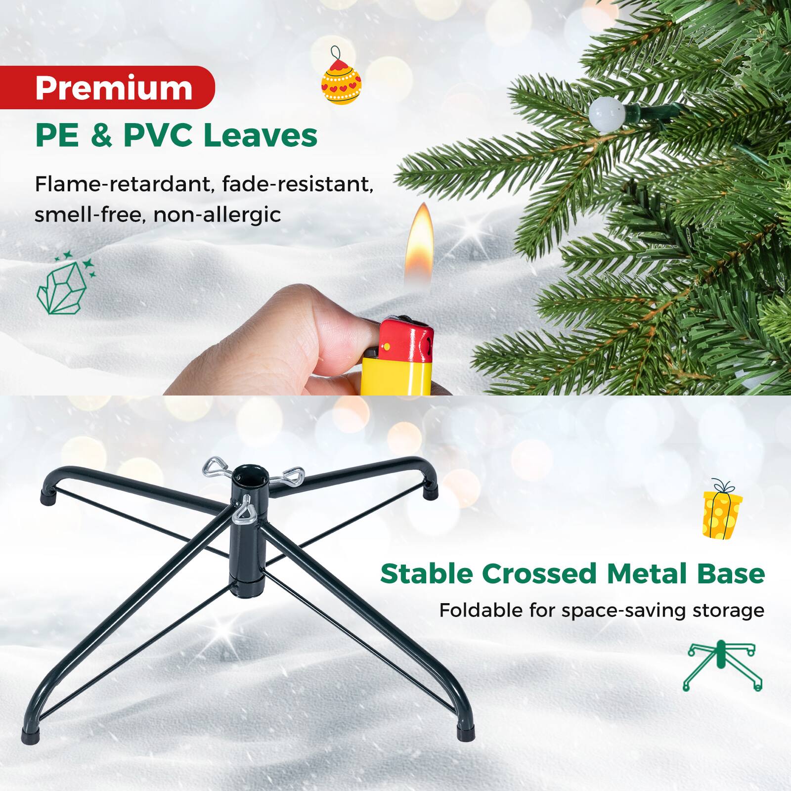 Premium PE & PVC Leaves  
Flame-retardant, fade-resistant, smell-free, non-allergic  

Stable Crossed Metal Base  
Foldable for space-saving storage