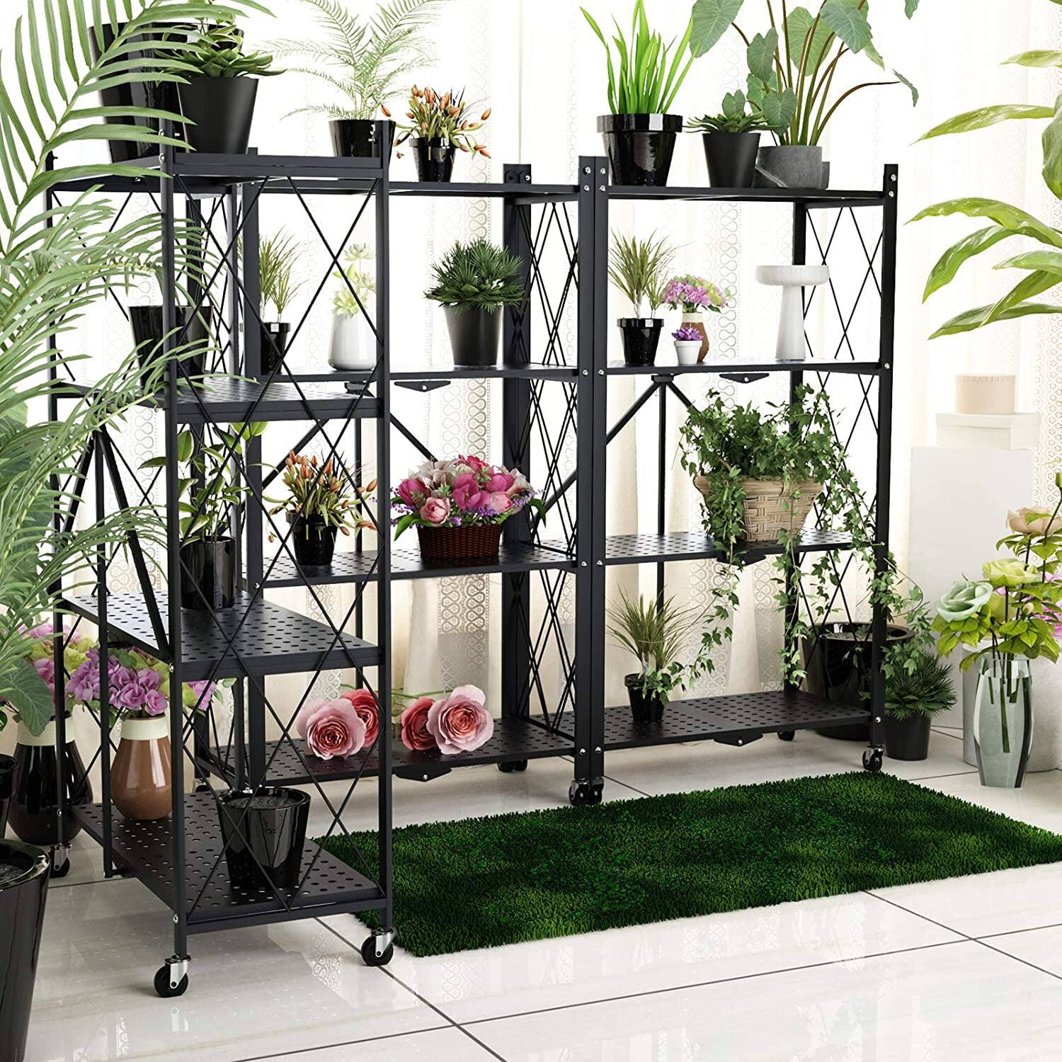 Alt View 4. Sugift - 4-Tier Foldable Storage Shelves, Metal Storage Rack with Wheels - Black.
