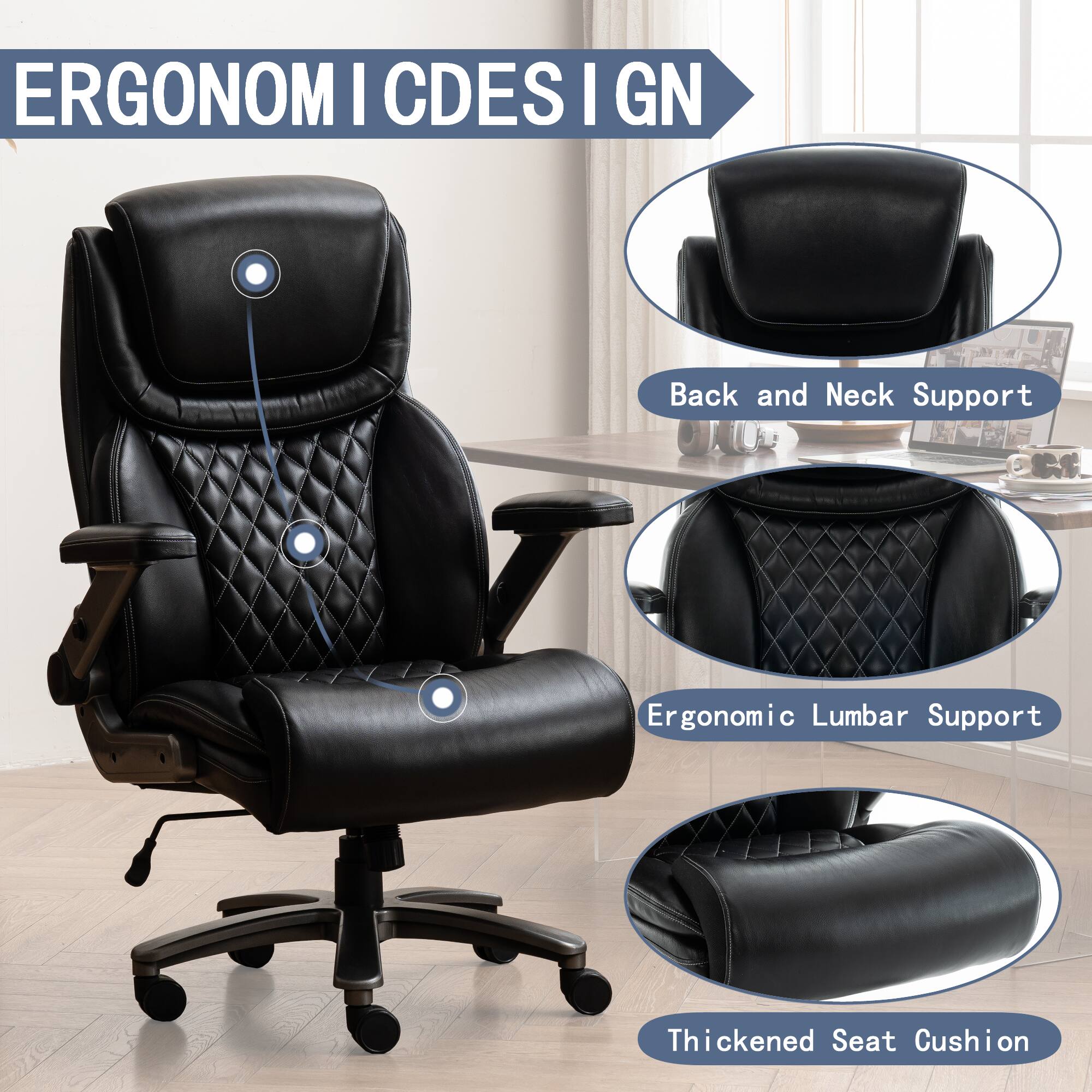 ERGONOM | CDES | GN

- Back and Neck Support
- Ergonomic Lumbar Support
- Thickened Seat Cushion