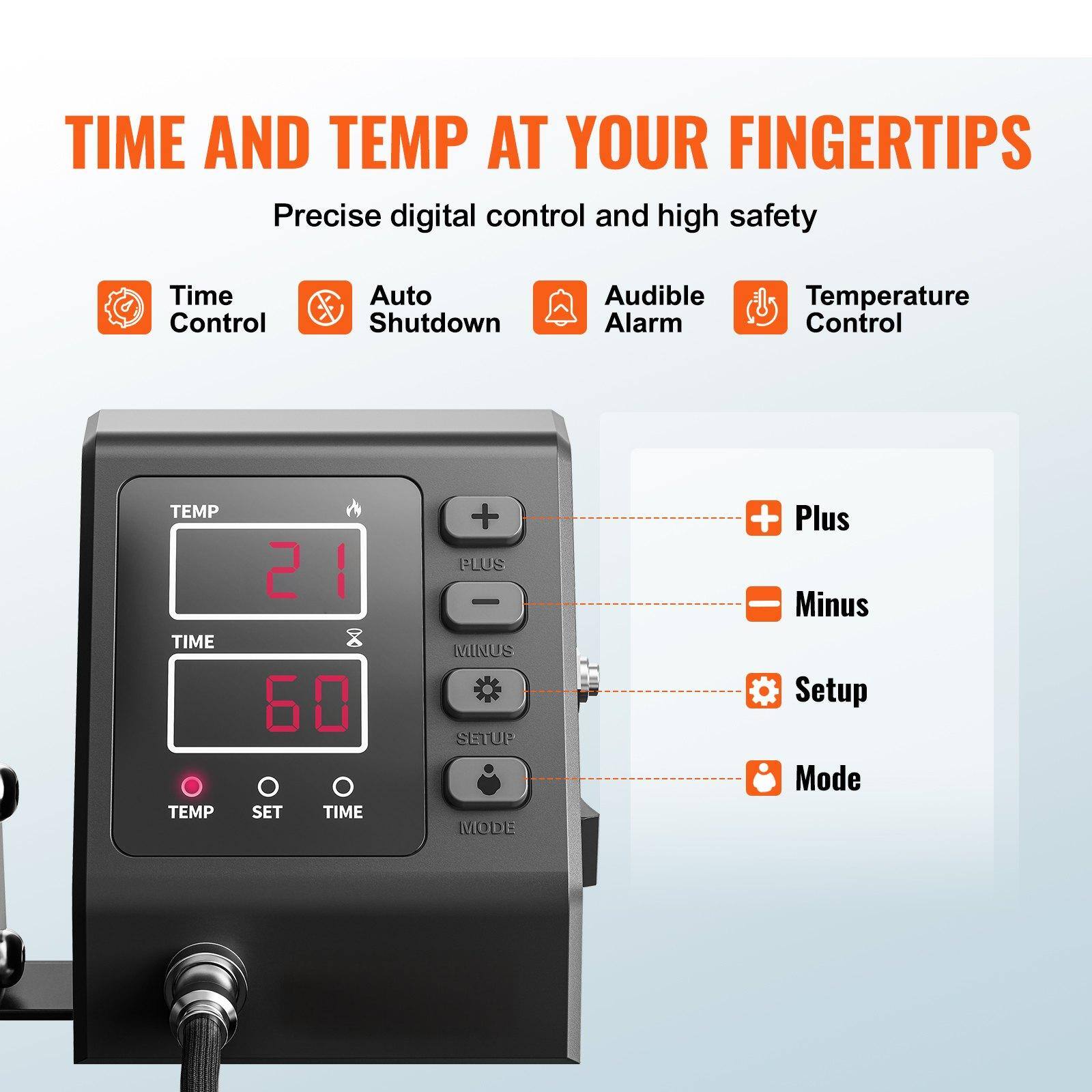 TIME AND TEMP AT YOUR FINGERTIPS

Precise digital control and high safety

- Time Control
- Auto Shutdown
- Audible Alarm
- Temperature Control

TEMP 21
TIME 60

Buttons:
- Plus
- Minus
- Setup
- Mode

TEMP SET TIME