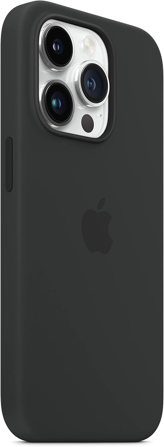 Left. Apple - Apple Silicone Case with MagSafe for iPhone 14 Pro - MPTE3ZM/A | Color: Black - Black.