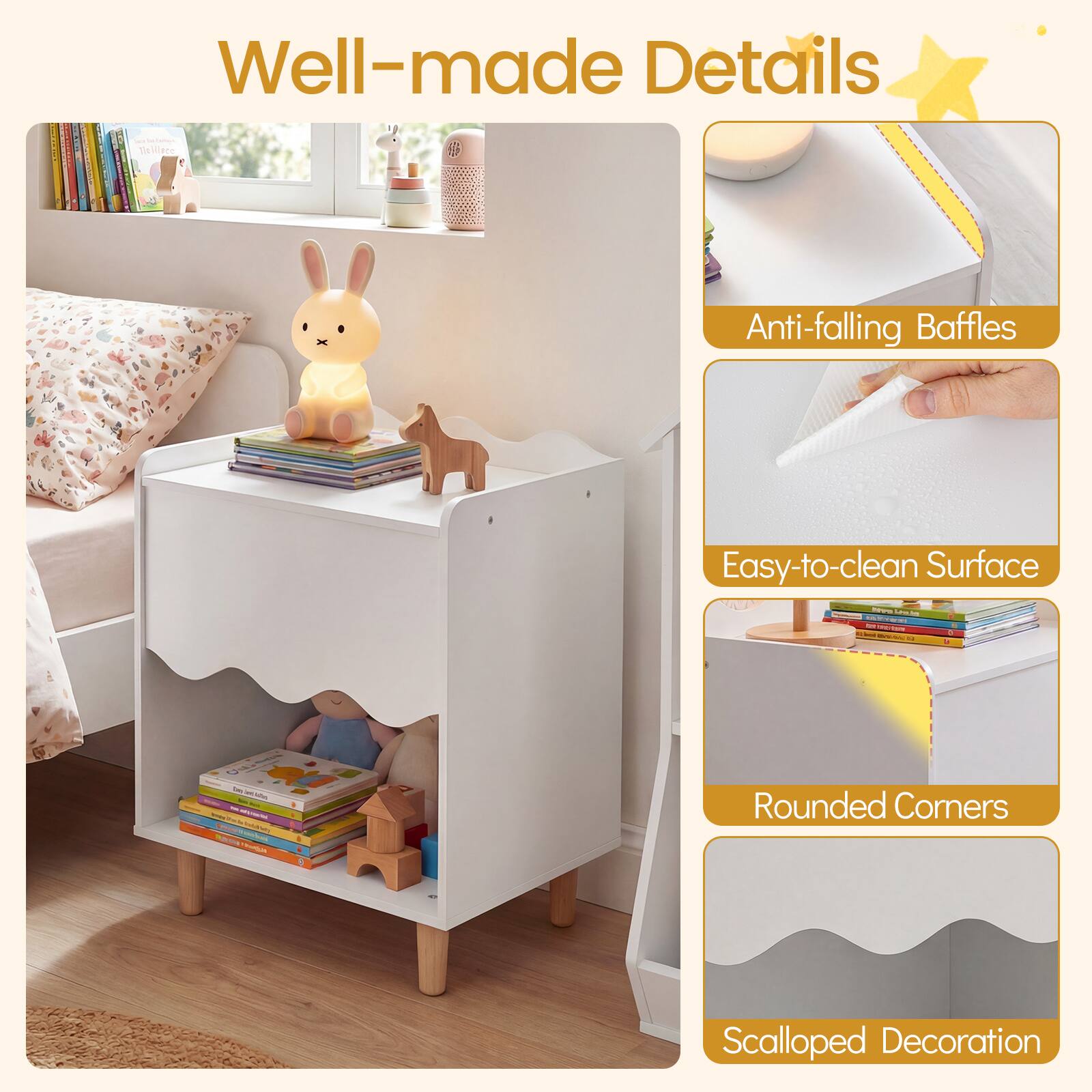 Well-made Details  
- Anti-falling Baffles  
- Easy-to-clean Surface  
- Rounded Corners  
- Scalloped Decoration