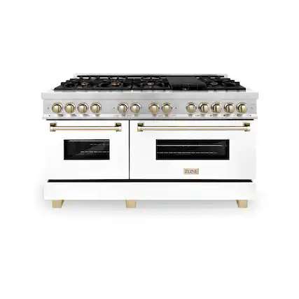 Front. ZLINE - ZLINE Autograph 60 in. Legacy Dual Fuel Range in Satin Steel w/ White & Gold Accents (RASZ-WM-60-G) - Stainless steel.