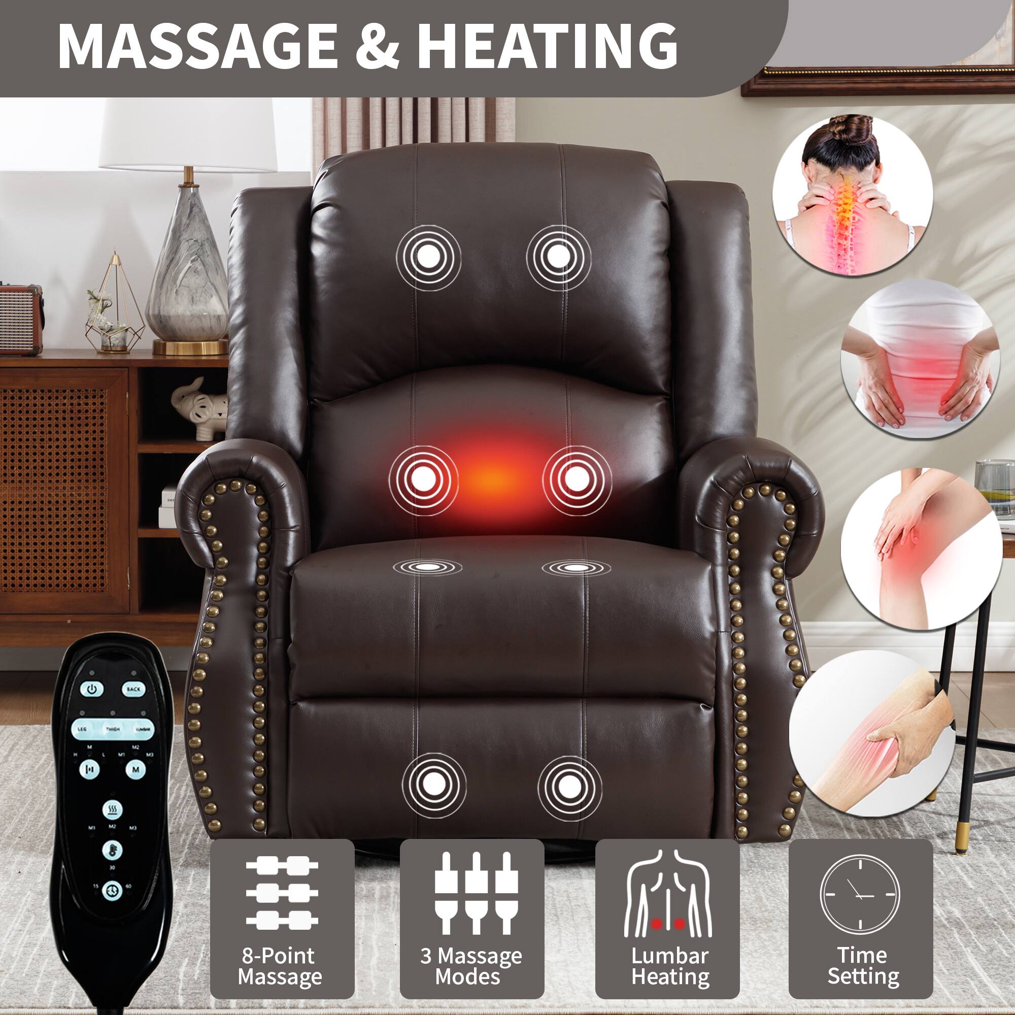 MASSAGE & HEATING

- 8-Point Massage
- 3 Massage Modes
- Lumbar Heating
- Time Setting