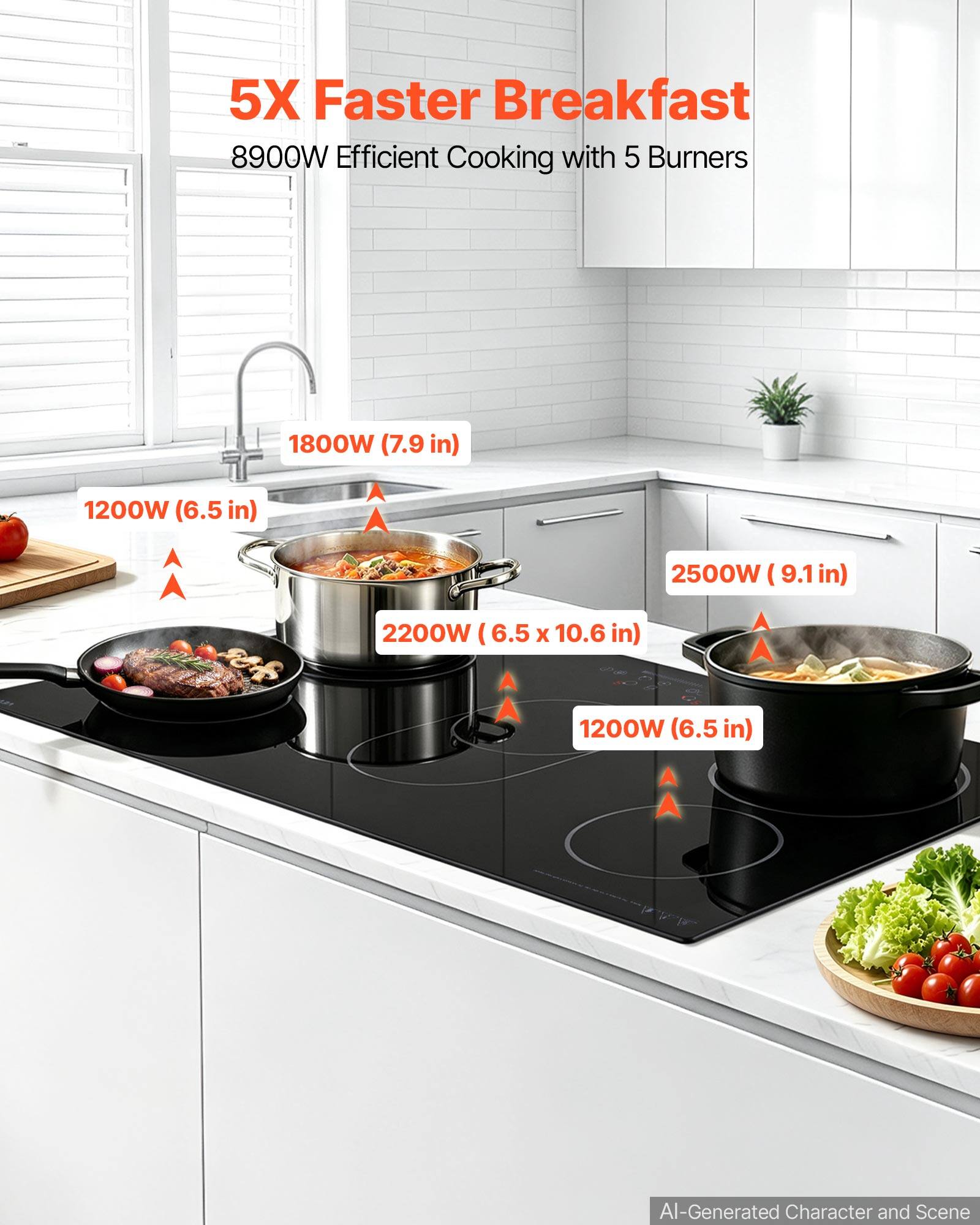 5X Faster Breakfast  
8900W Efficient Cooking with 5 Burners

1800W (7.9 in)  
1200W (6.5 in)  
2500W (9.1 in)  
2200W (6.5 x 10.6 in)  
1200W (6.5 in)  

AI-Generated Character and Scene