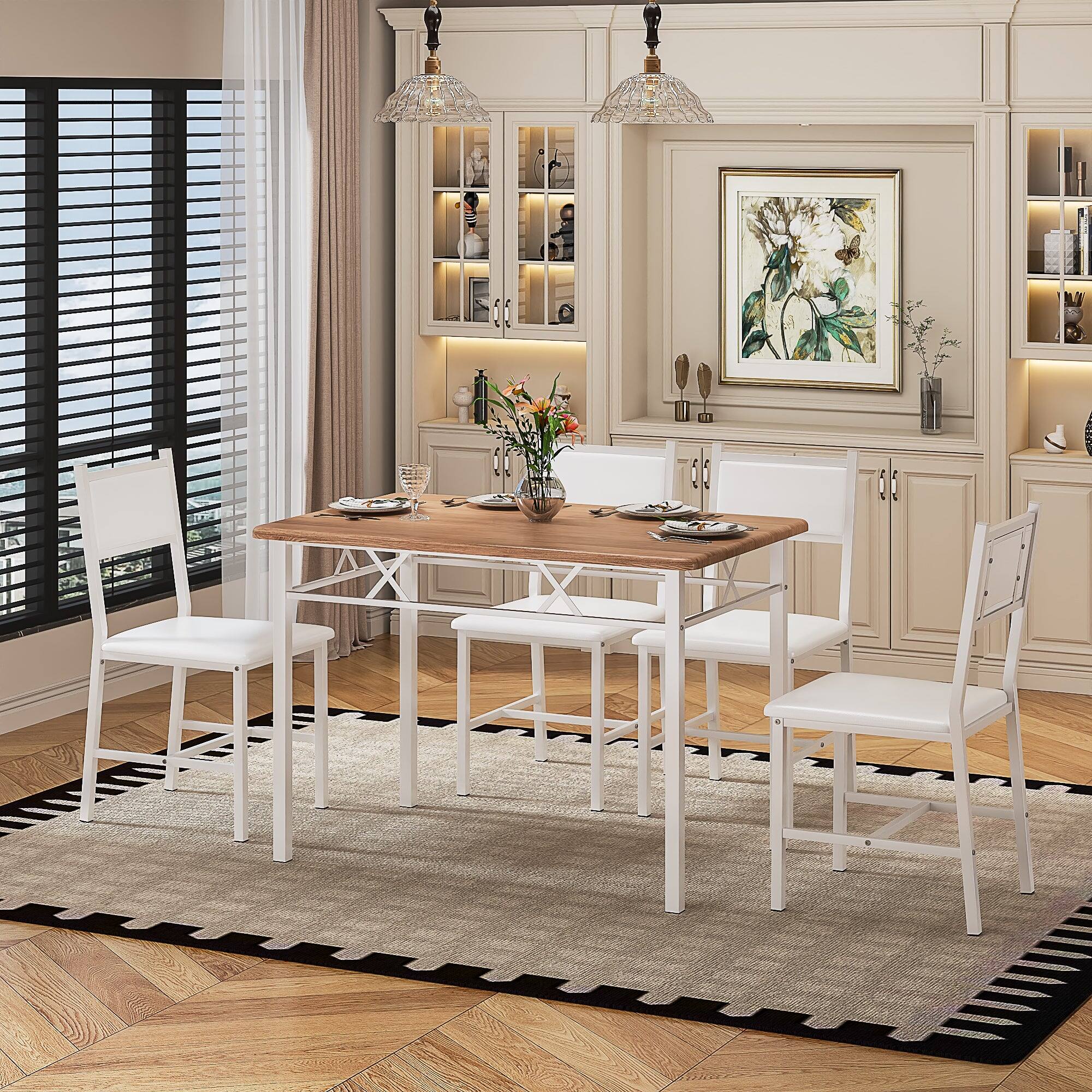 Alt View 5. Vecelo - 5-Piece Modern Dining Table Set with 4 Upholstered Chairs, Space-Saving Kitchen Table and Chairs Set for Small Spaces - Oak.