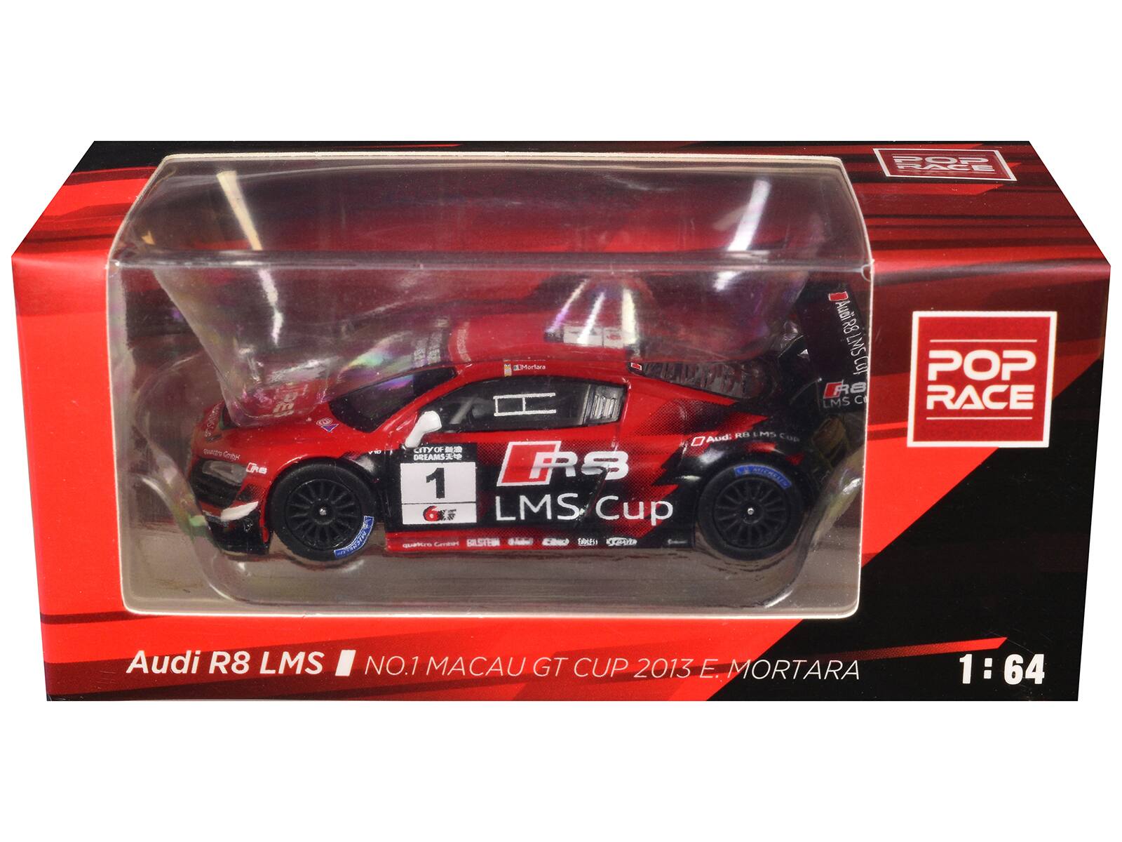 PO2 BACE Dero Crta Che SMortar H PE LPT COP Aud TOES CETY E -- ORIAMS& 1 RRSB MBL 6K LMS Cup P 1ES CED Audi 88 LMSCop LMS im R8 LMS C POP RACE Audi R8 LMS I NO.1 MACAU GT CUP 2013 E. MORTARA 1:64 1