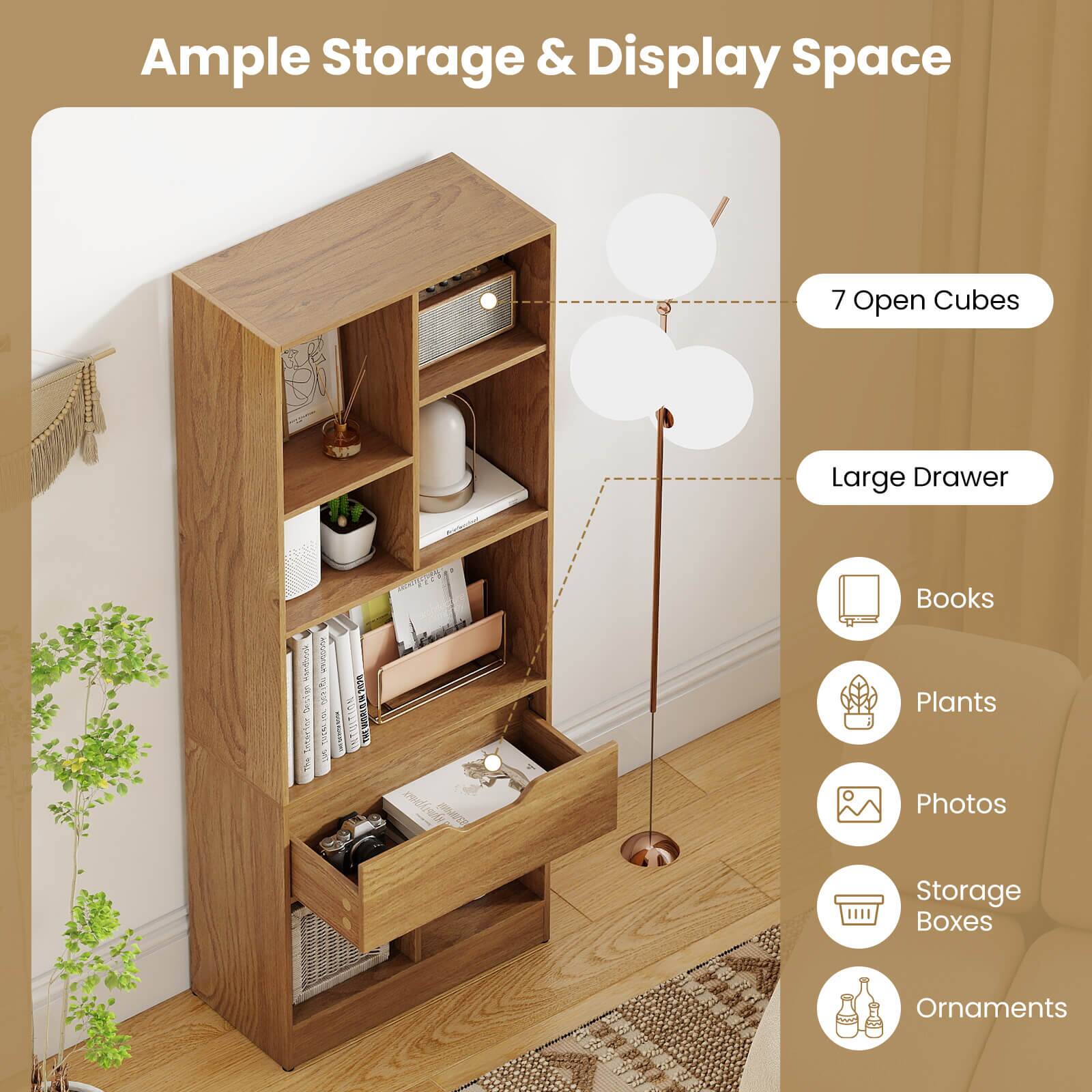 Ample Storage & Display Space

7 Open Cubes  
Large Drawer

Books  
Plants  
Photos  
Storage Boxes  
Ornaments