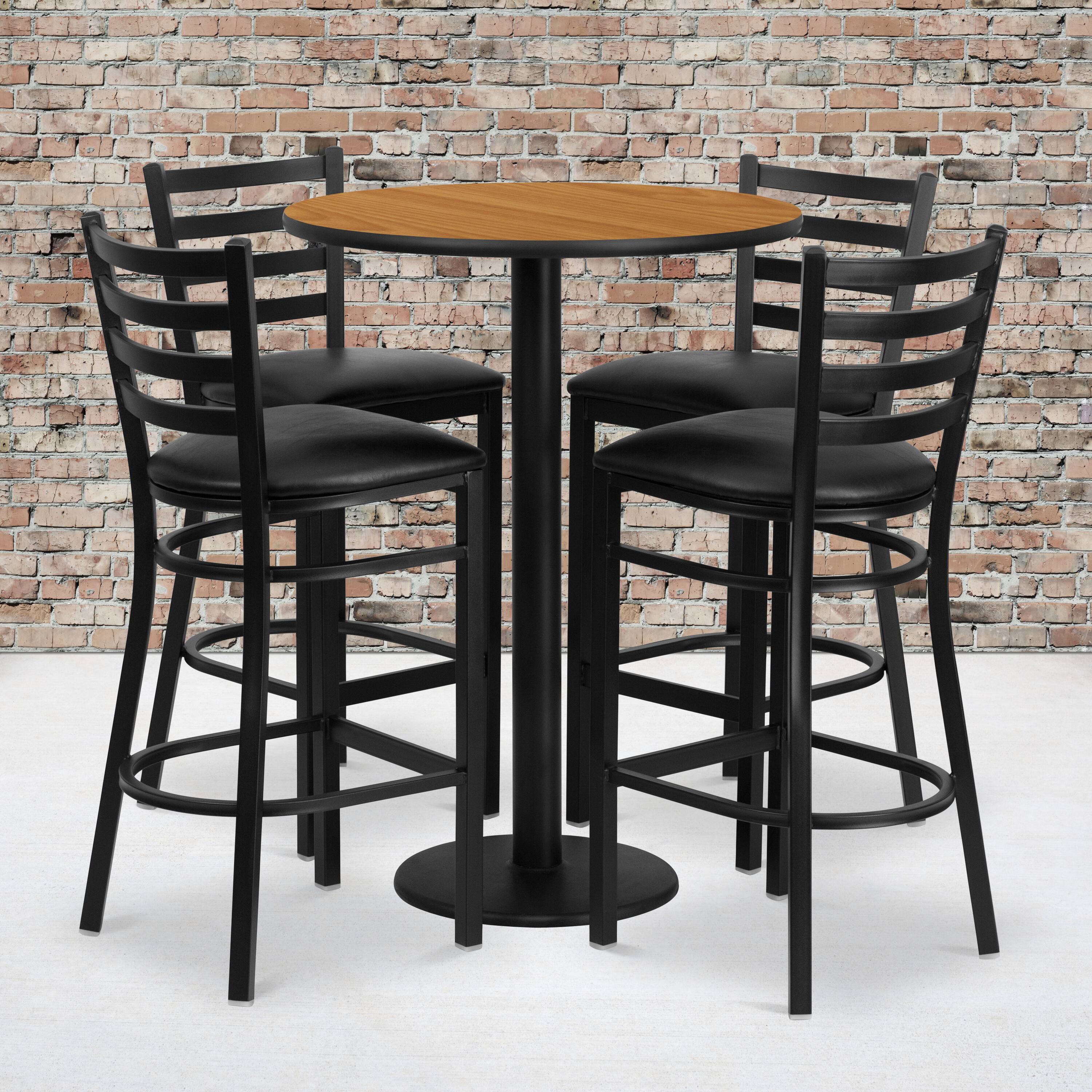 Alt View 1. Emma + Oliver - 30" Round Laminate Table Set with 4 Ladder Back Metal Stools - Natural Top/Black Vinyl Seat.