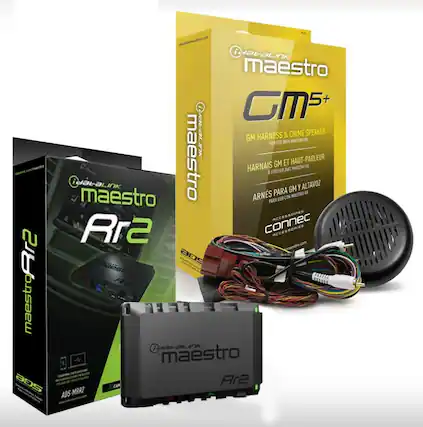Sure, here is the corrected and grouped text from the image:
**Product Names:**
- Maestro Ar2
- Maestro CMS5+
**Descriptions:**
- GM Harness & Chime Speaker
- For use with Maestro Ar2
- Harness GM et Haut-parleur
- Para usar con Maestro Ar2
- Arnes para GM y Altavoz
**Additional Text:**
- Connect Accessories
- ADS-MRR2
- ADS-MRR2
**Branding:**
- Maestro
- MaestroLink
- www.maestrolink.com
**Other:**
- ADS
- CAR