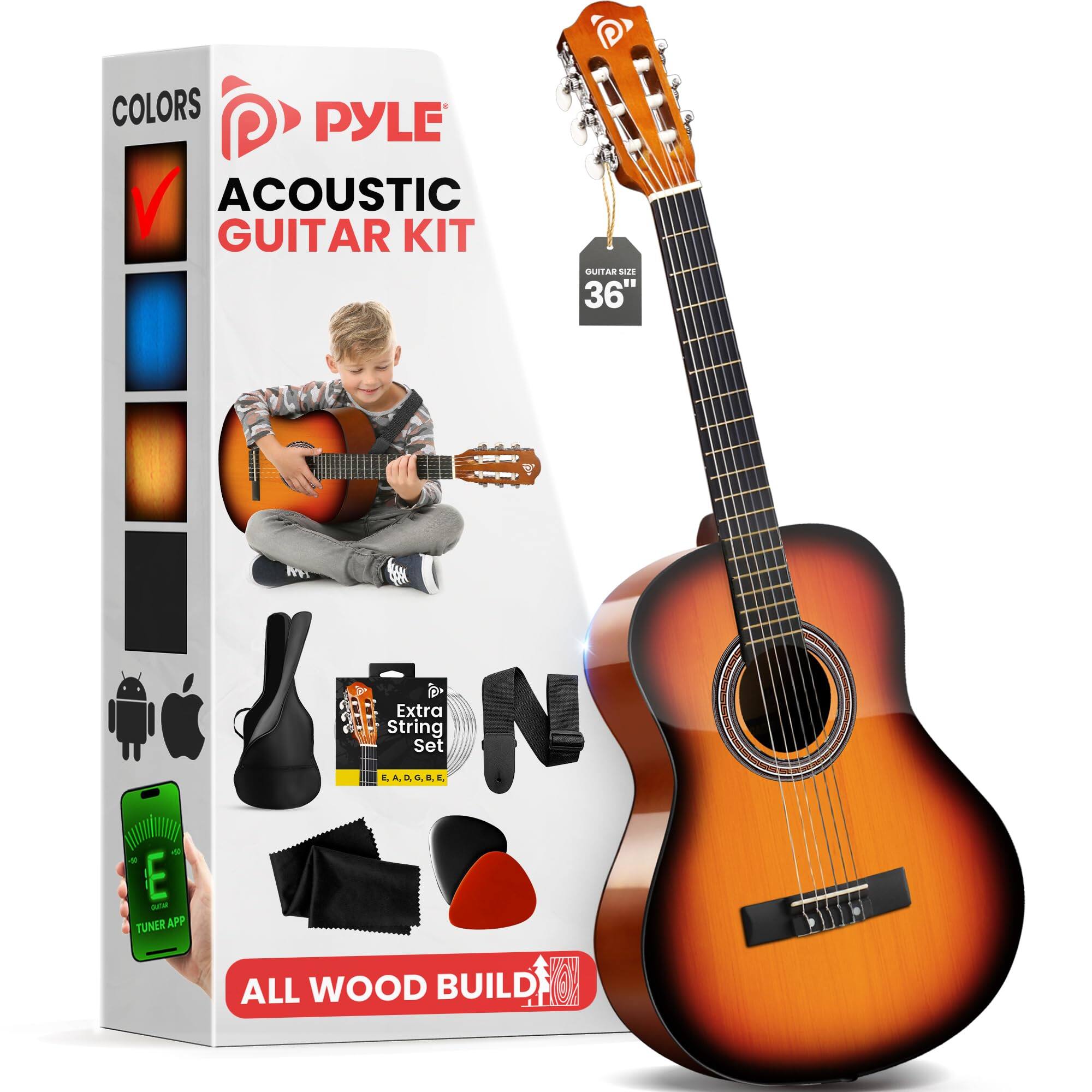 COLORS PYLE ACOUSTIC GUITAR KIT 36" ALL WOOD BUILD GUITAR Extra String Set TUNER APP