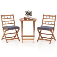 Costway 3 PCS Acacia Wood Patio Bistro Set Folding Table and Chairs Set with Cushions - Gray,Natural - Front_Zoom