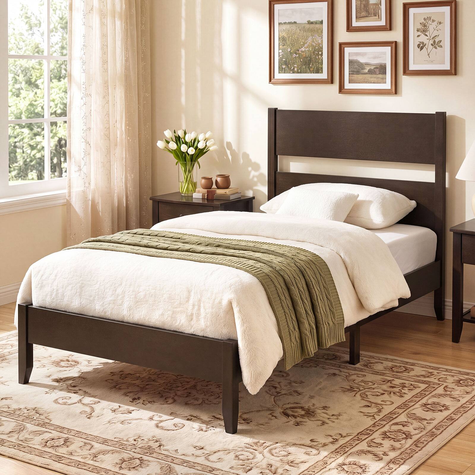 Alt View 4. Costway - Costway Twin Bed Frame with Headboard, Solid Wood Legs, 12 Slats, No Box Spring Needed - Dark Walnut.