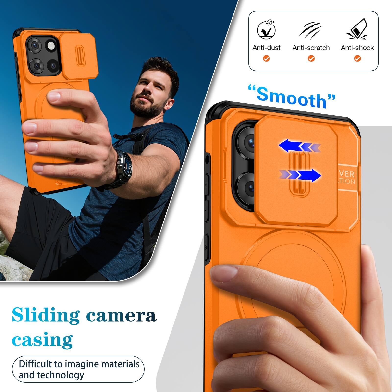 Anti-dust  
Anti-scratch  
Anti-shock  
"Smooth"  
Sliding camera casing  
Difficult to imagine materials and technology