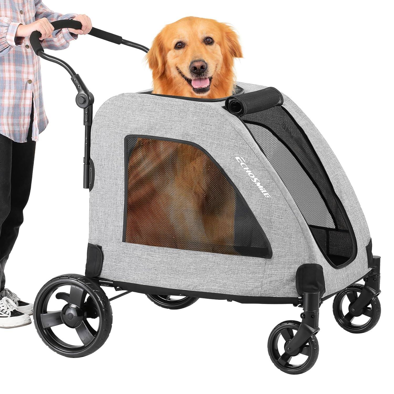 Alt View 2. Siljoy - XL Gray Dog Stroller, 160 lb Capacity, All‑Terrain 4 Wheels with Folding Design for 2 Medium Dogs.